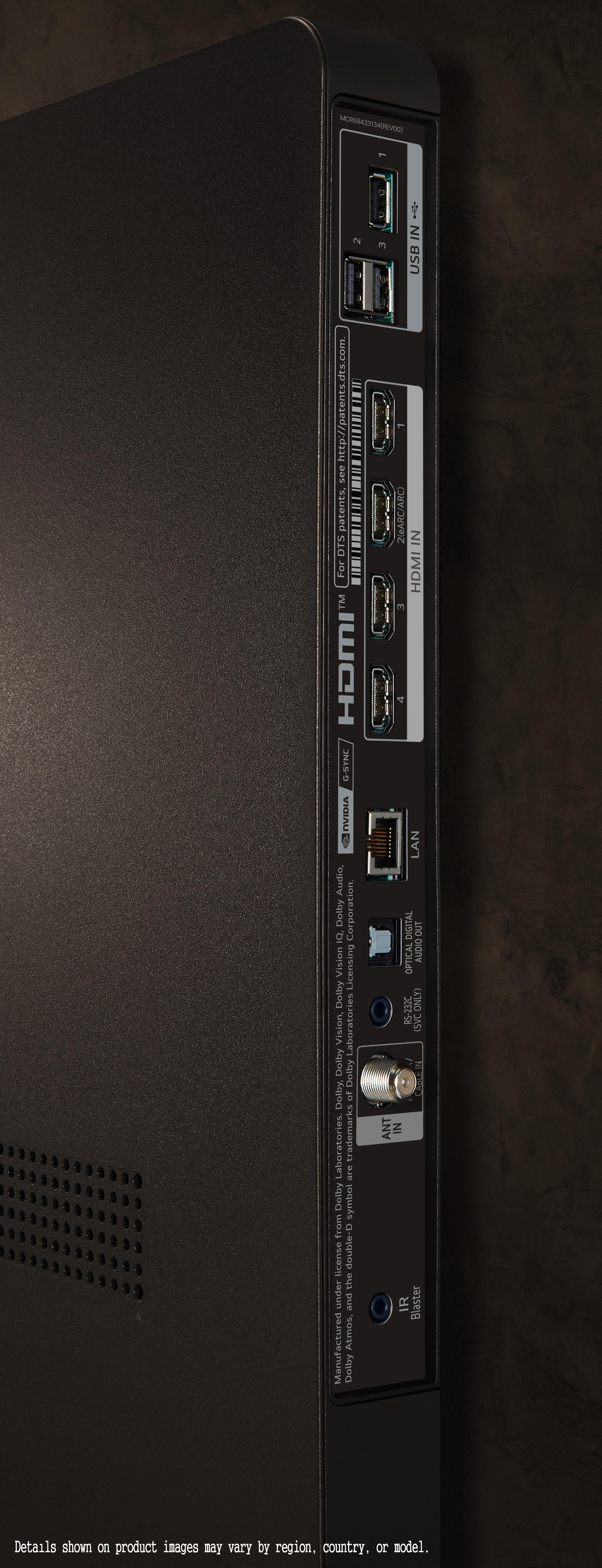 Rückseite eines schwarzen Fernsehers mit Anschlüssen, HDMI, LAN und Antenne. Der Hintergrund ist dunkel.