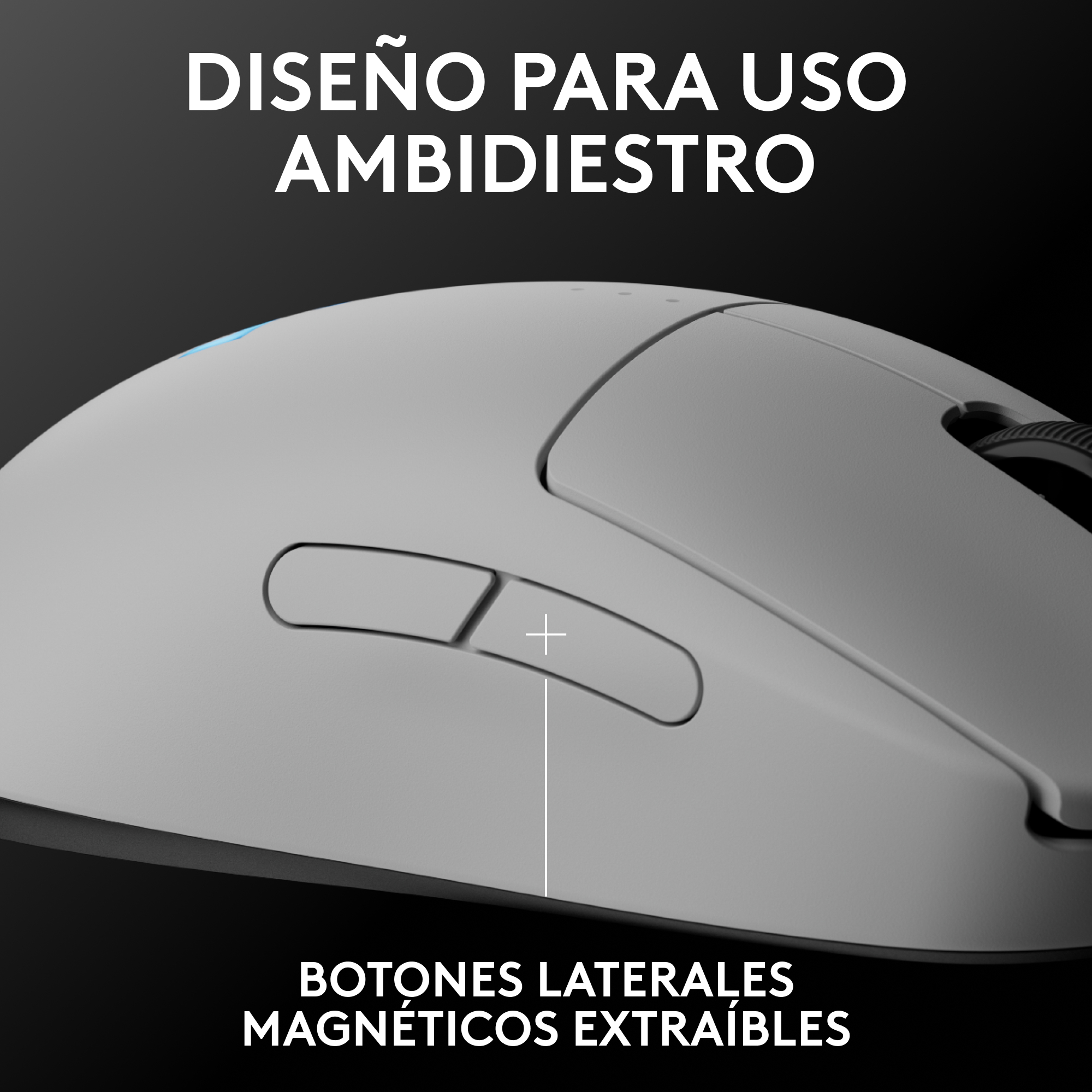 Un ratón gris con botones laterales, un símbolo más y el texto 'Botones Laterales Magnéticos'.