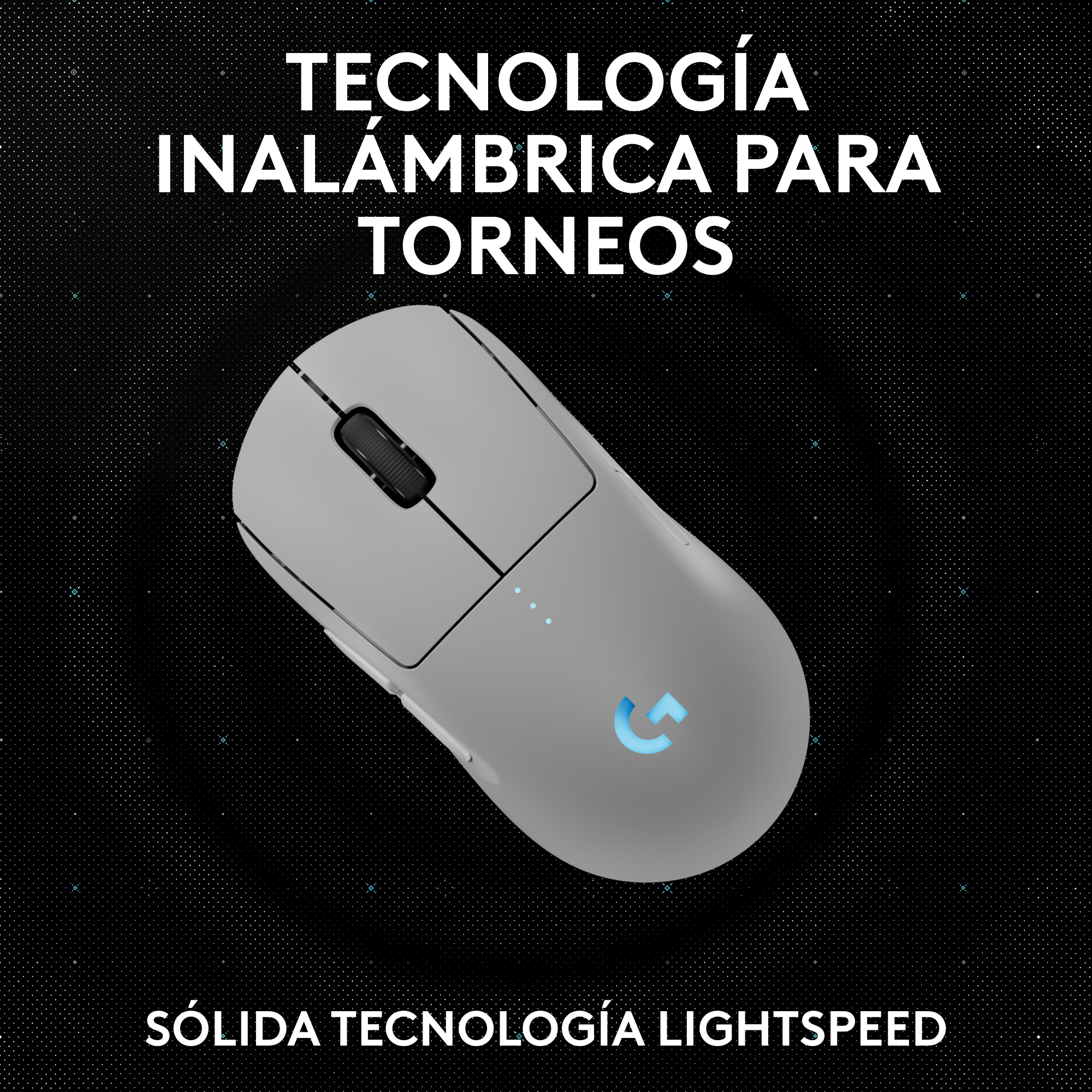 Un ratón para juegos Logitech gris con el logotipo Lightspeed, sobre un fondo negro.