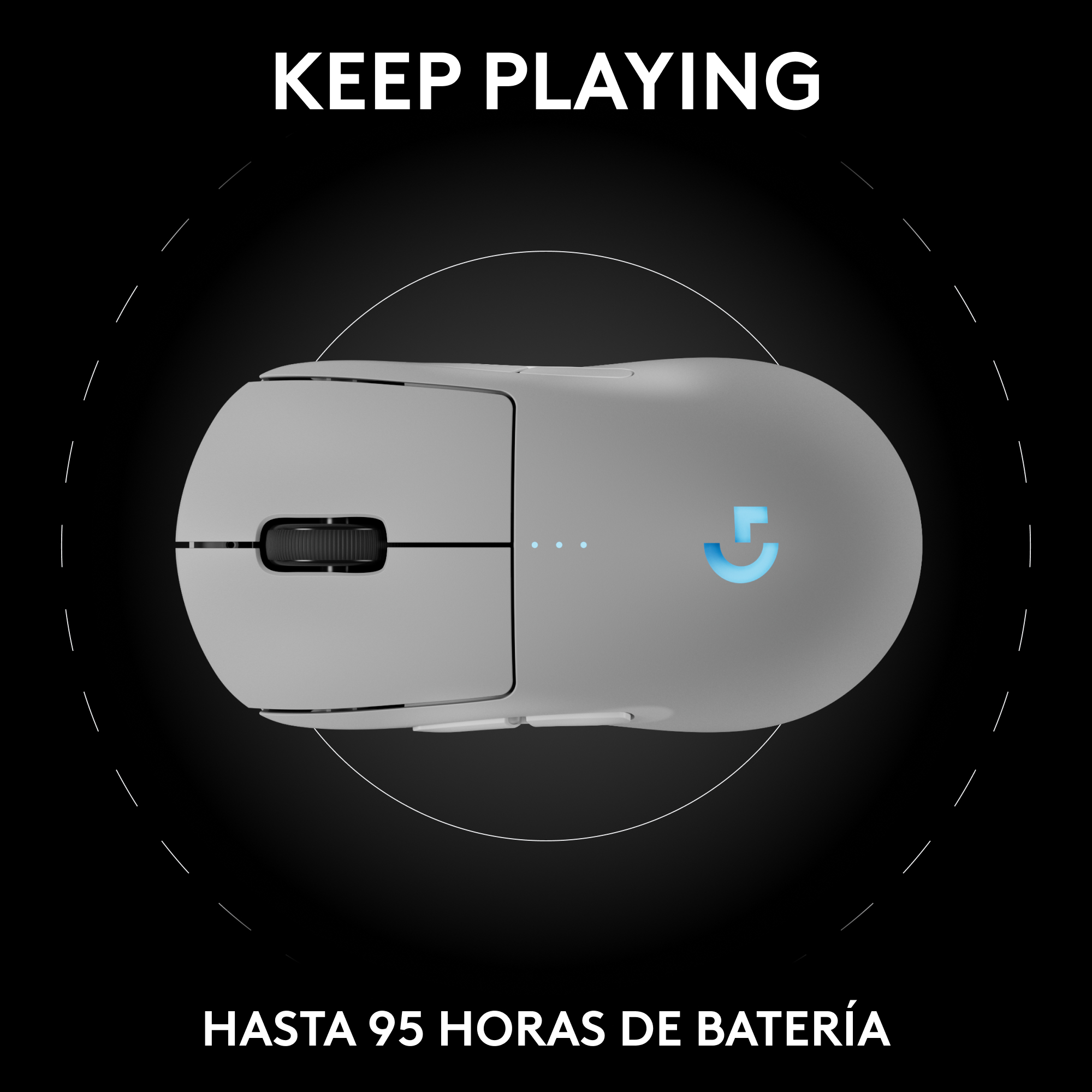 Un ratón de juego gris con luces y texto que dice 'Keep Playing'.