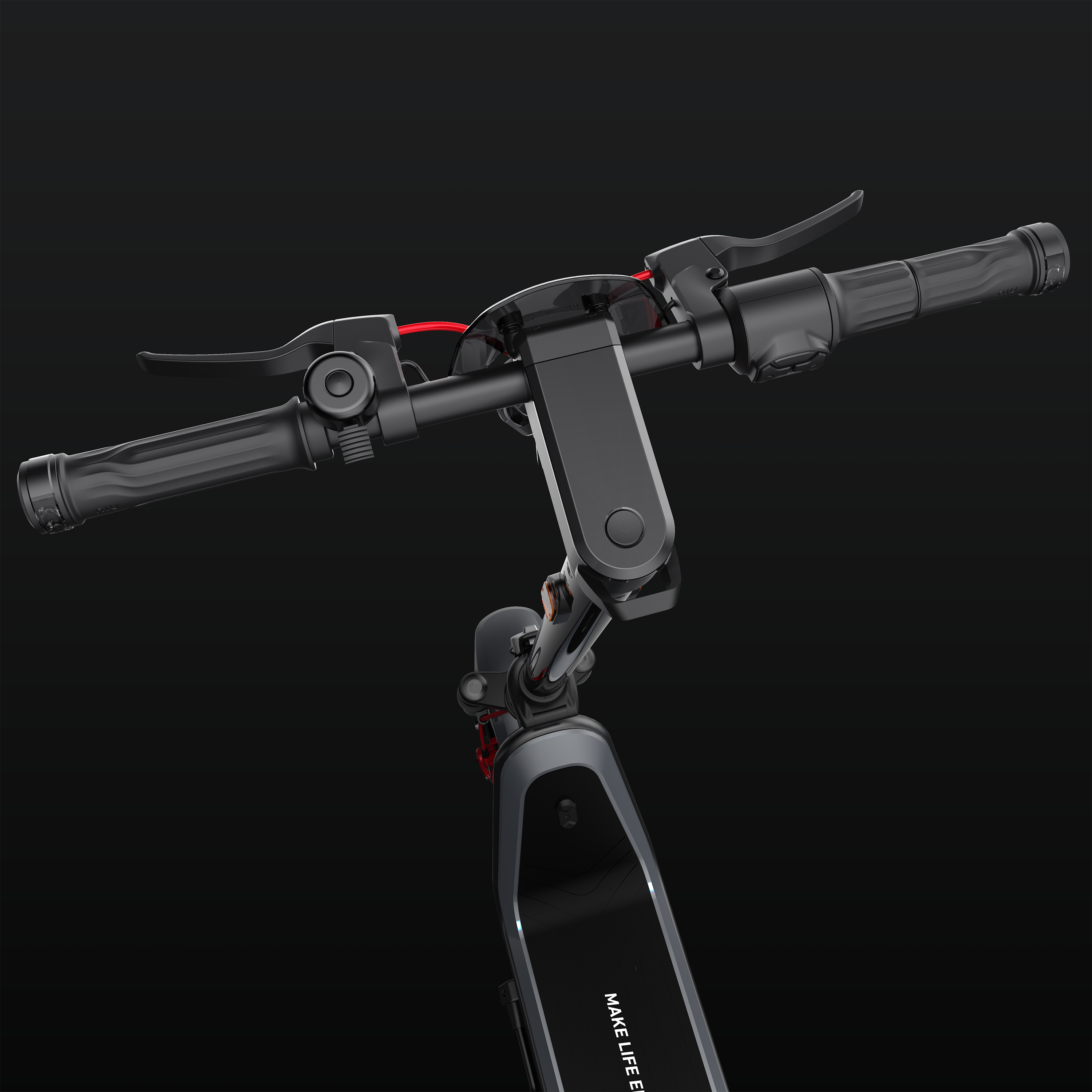 Roller-Lenker. Schwarz mit roten Akzenten. Handgriffe, Hebel und Digitalanzeige.