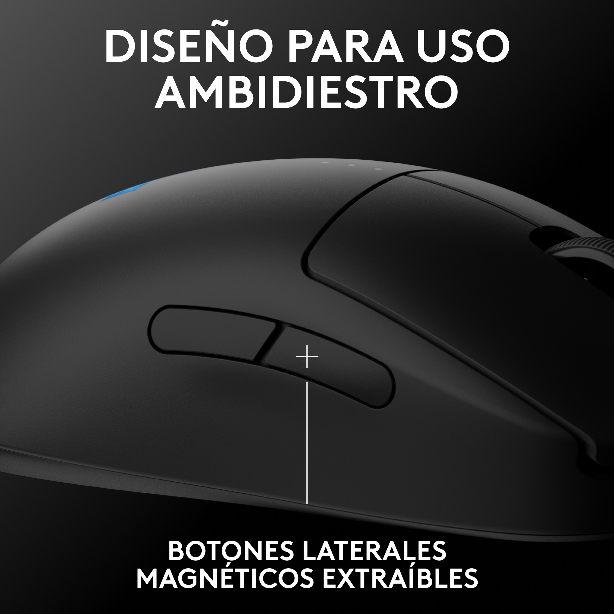 Un ratón negro con botones laterales y el texto: 'Diseño para uso ambidiestro'.