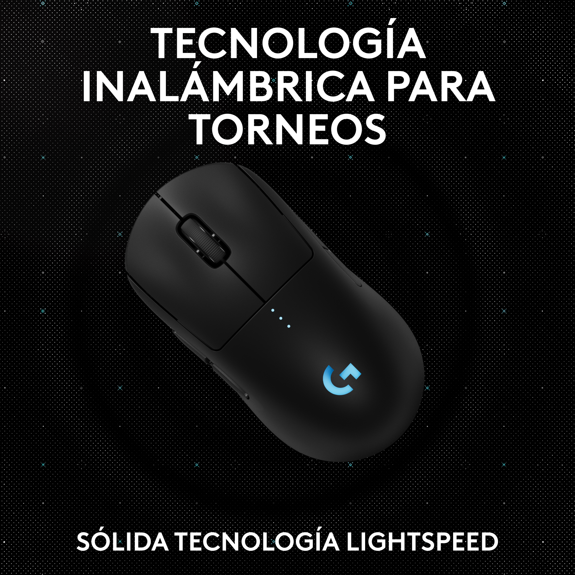 Un ratón gaming negro con un logo. El texto 'Tecnología inalámbrica para torneos' está presente.