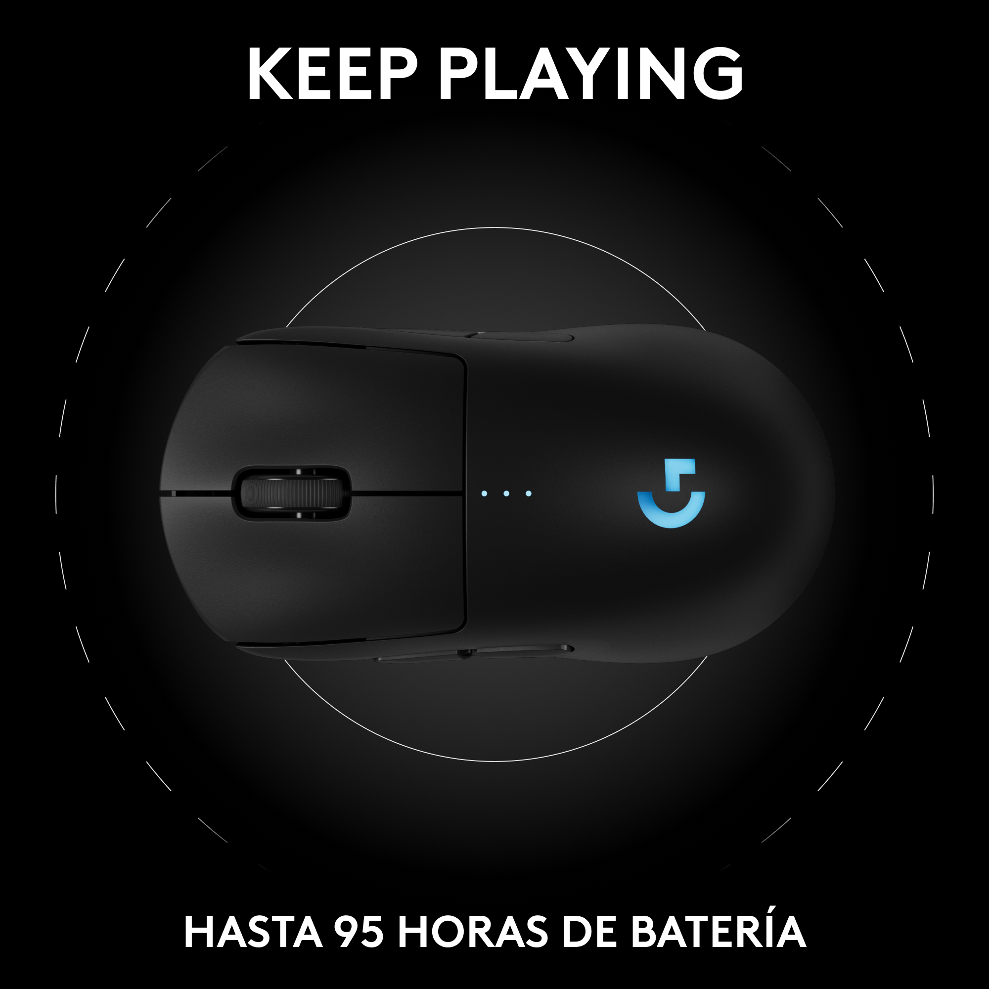 Ratón gaming negro con logo azul e indicador de carga. Fondo negro con líneas discontinuas blancas.