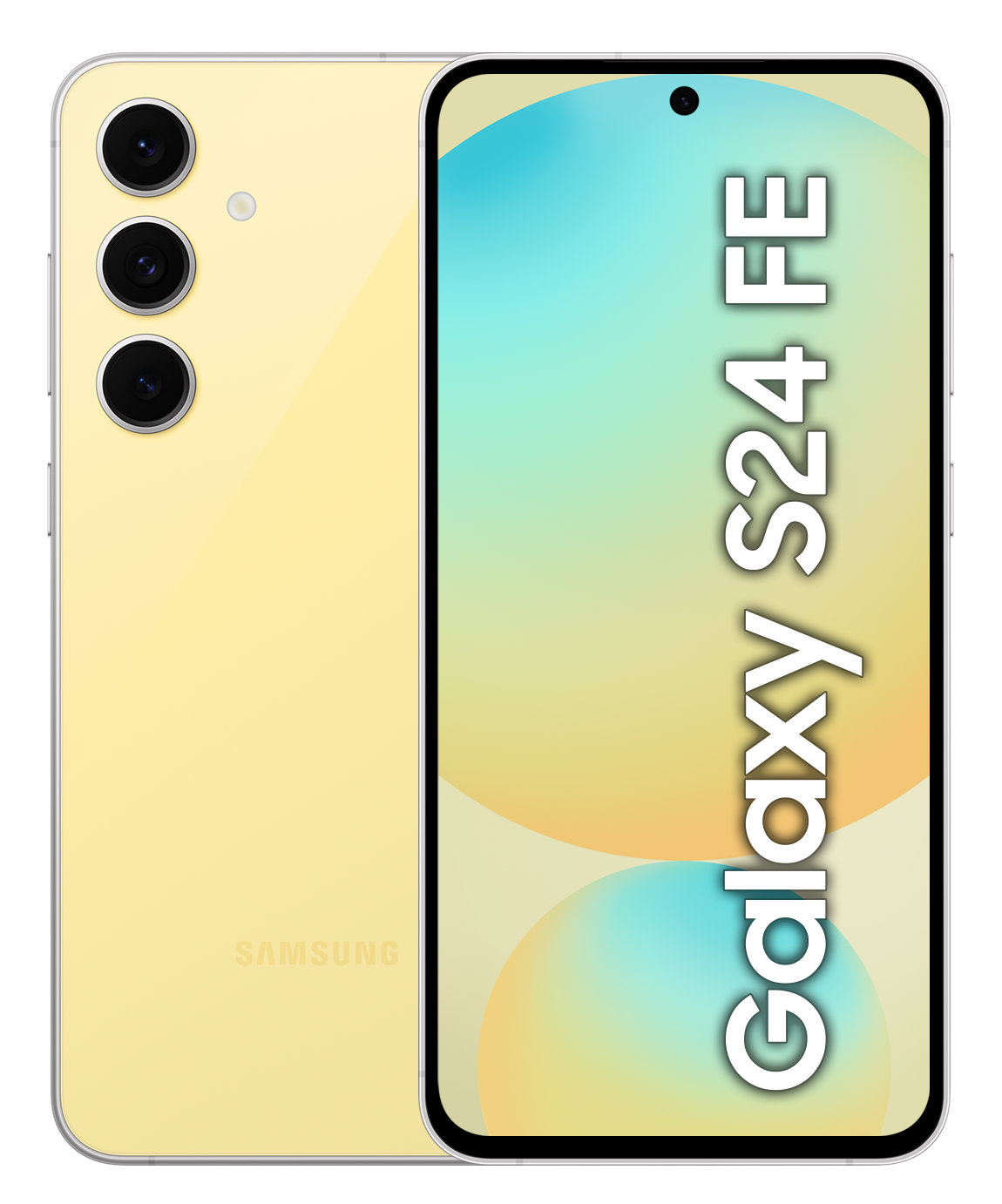 Żółty telefon z trzema aparatami, ekran wyświetla tekst. Tył pokazuje logo SAMSUNG.