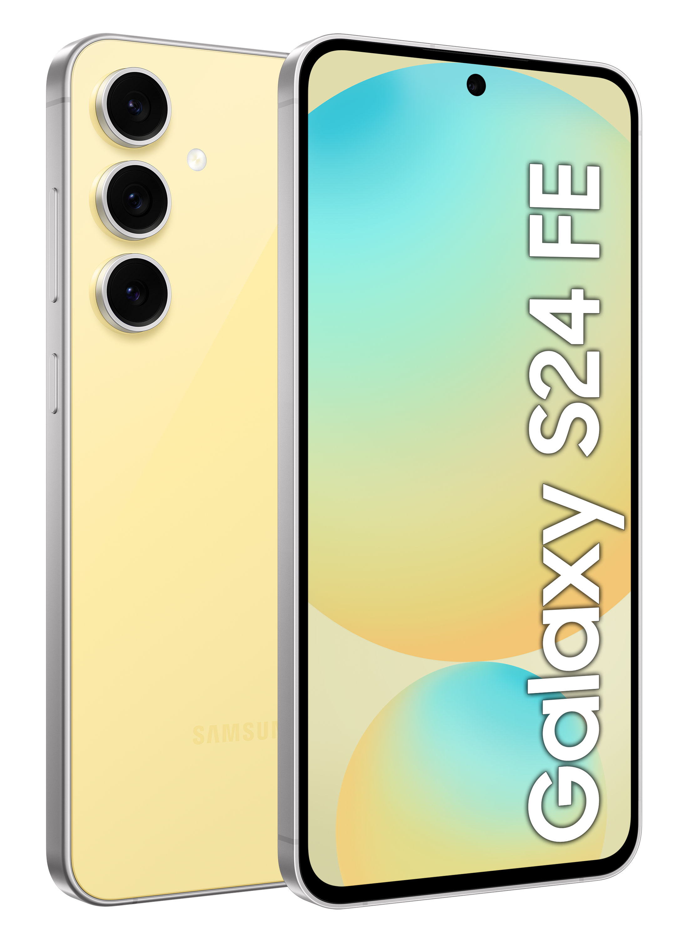 Żółty telefon Samsung Galaxy S24 FE, pokazany z przodu i z tyłu. Z tyłu znajdują się kamery.