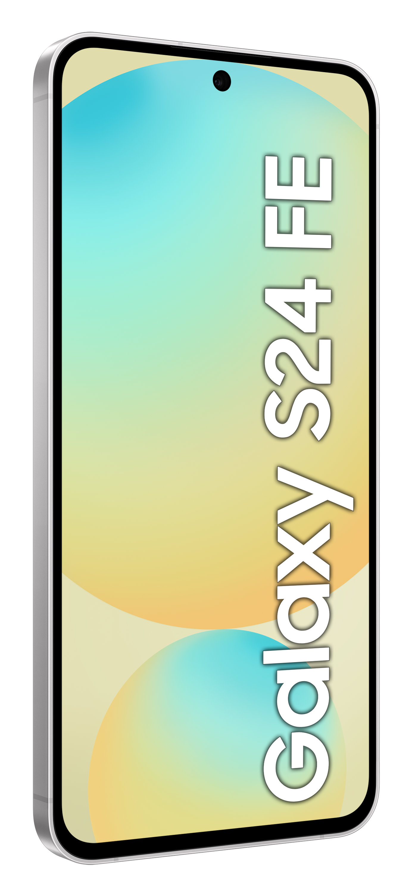 Biały smartfon z kolorowym ekranem, tekst Galaxy S24 FE na biało.