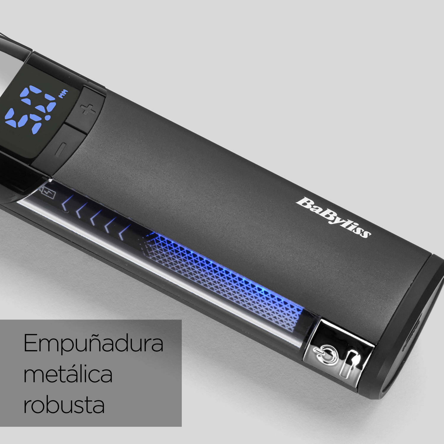 Plancha de pelo negra con pantalla digital y la palabra 'BaByliss'.