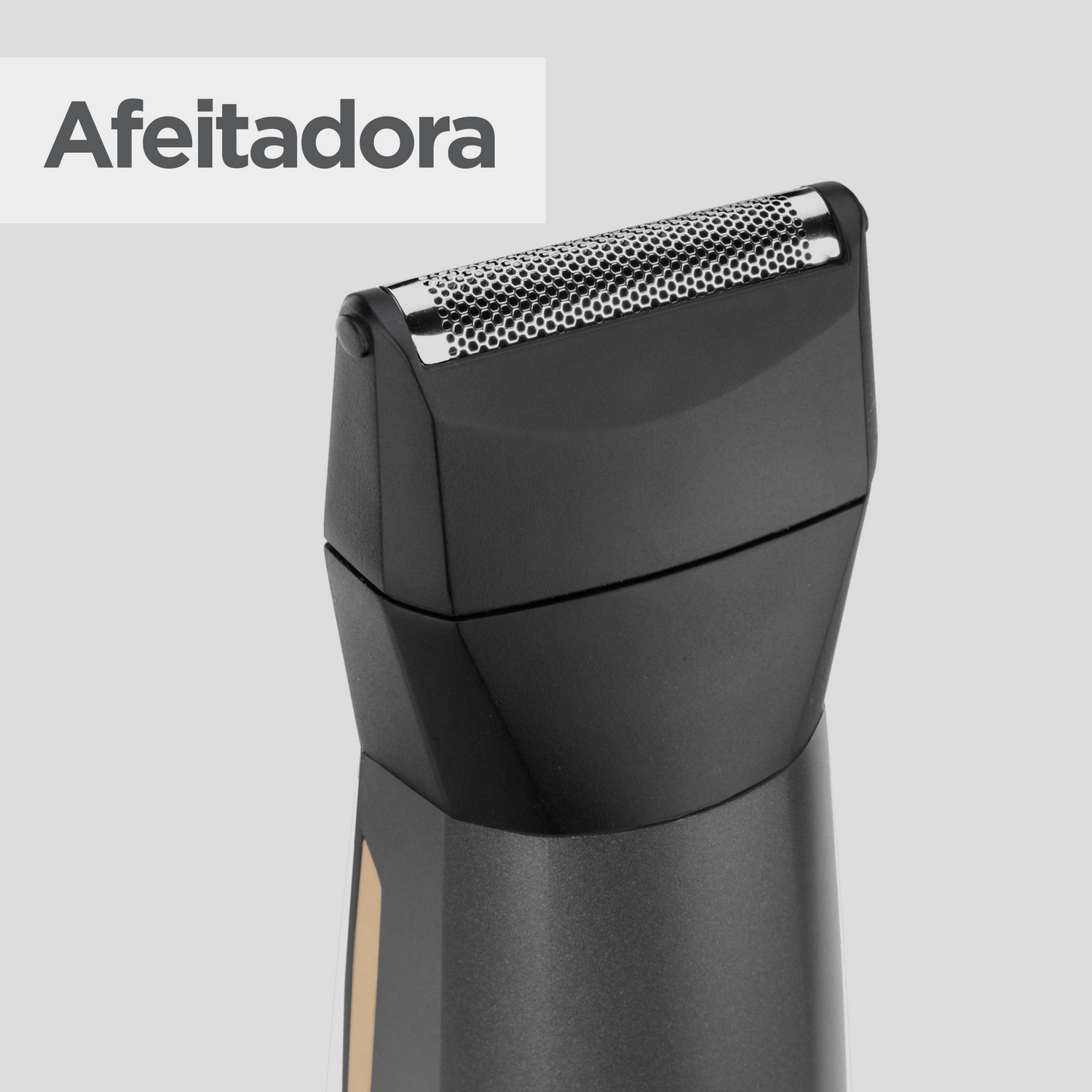 Primer plano de una afeitadora eléctrica negra, con la palabra 'Afeitadora' arriba.