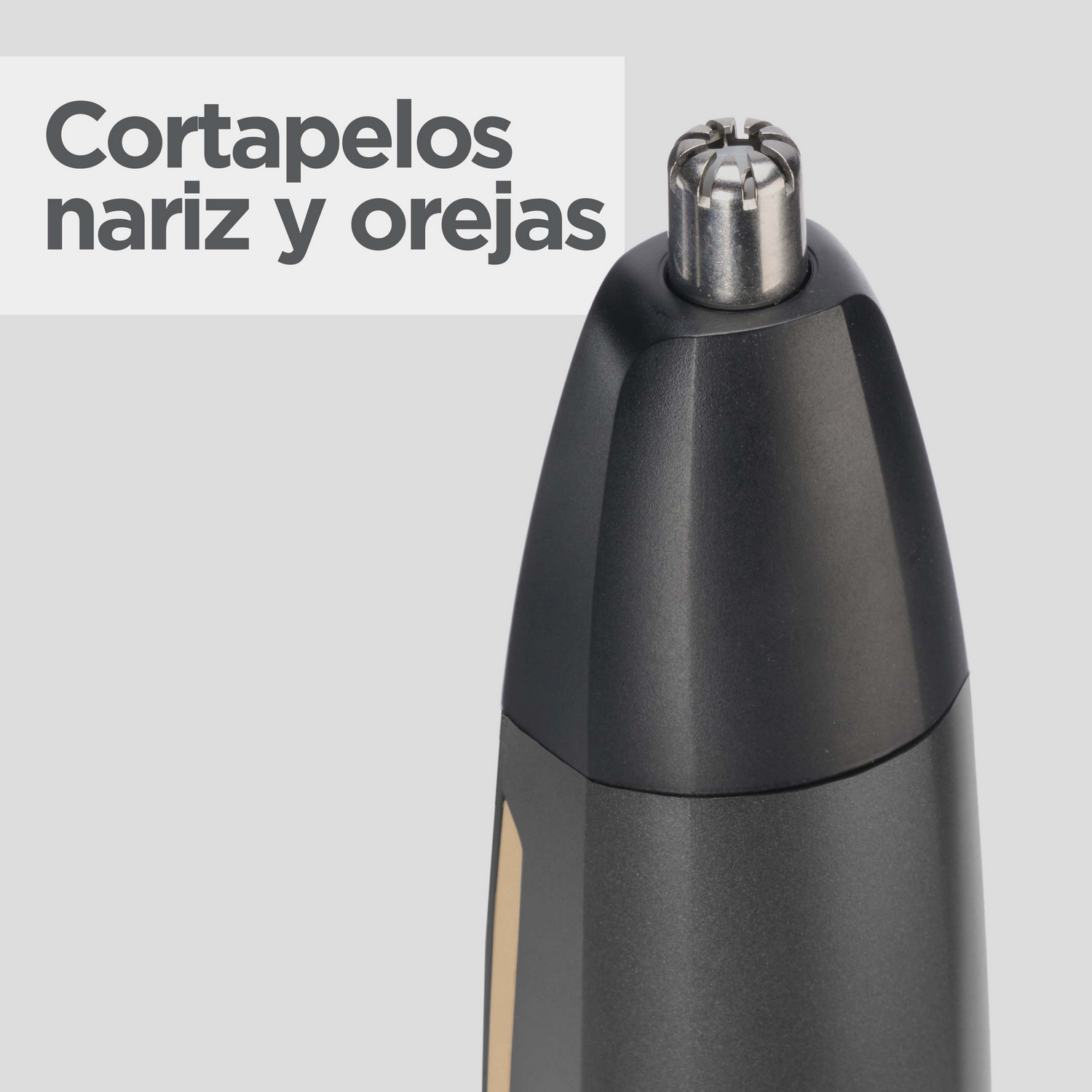 Primer plano de un recortador de vello de nariz y orejas negro. El texto 'Cortapelos nariz y orejas' está encima.