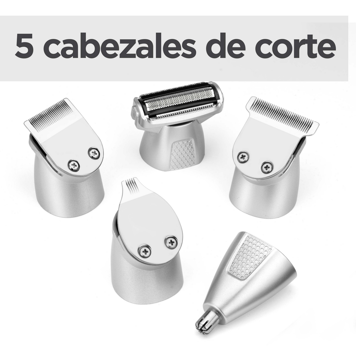 Cinco cabezales de recortadora plateados sobre una superficie blanca, diversas formas y diseños.