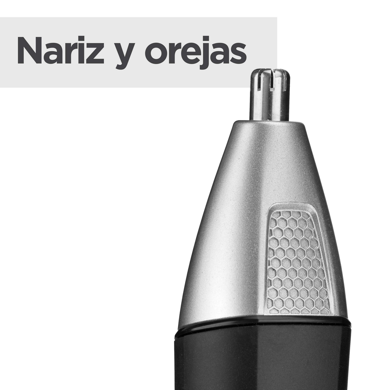 Primer plano de un recortador de nariz y orejas. El recortador es plateado y negro.
