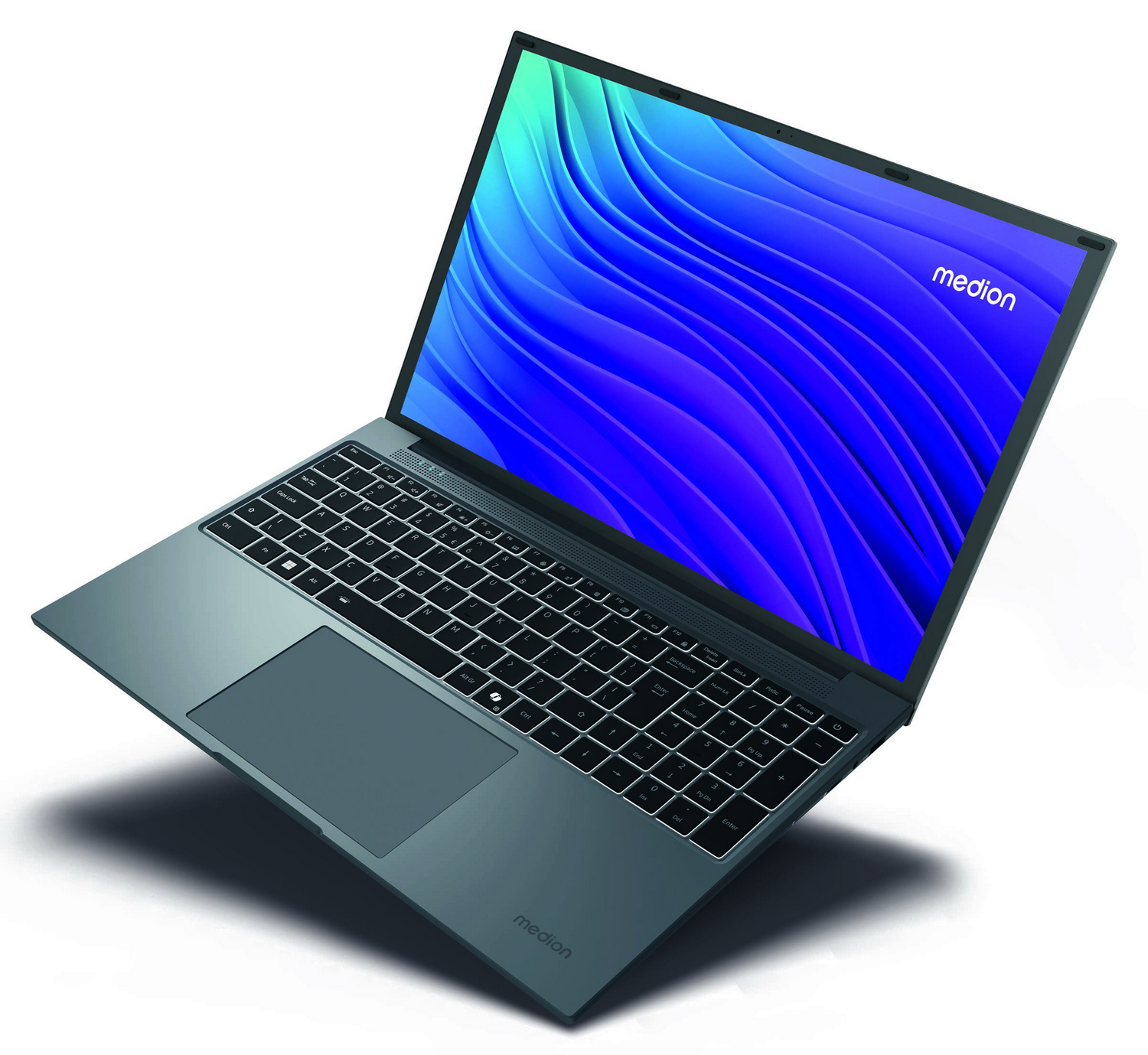 Una laptop Medion, ligeramente abierta. La pantalla muestra líneas onduladas azules. El teclado es visible y la laptop está sobre una superficie blanca.