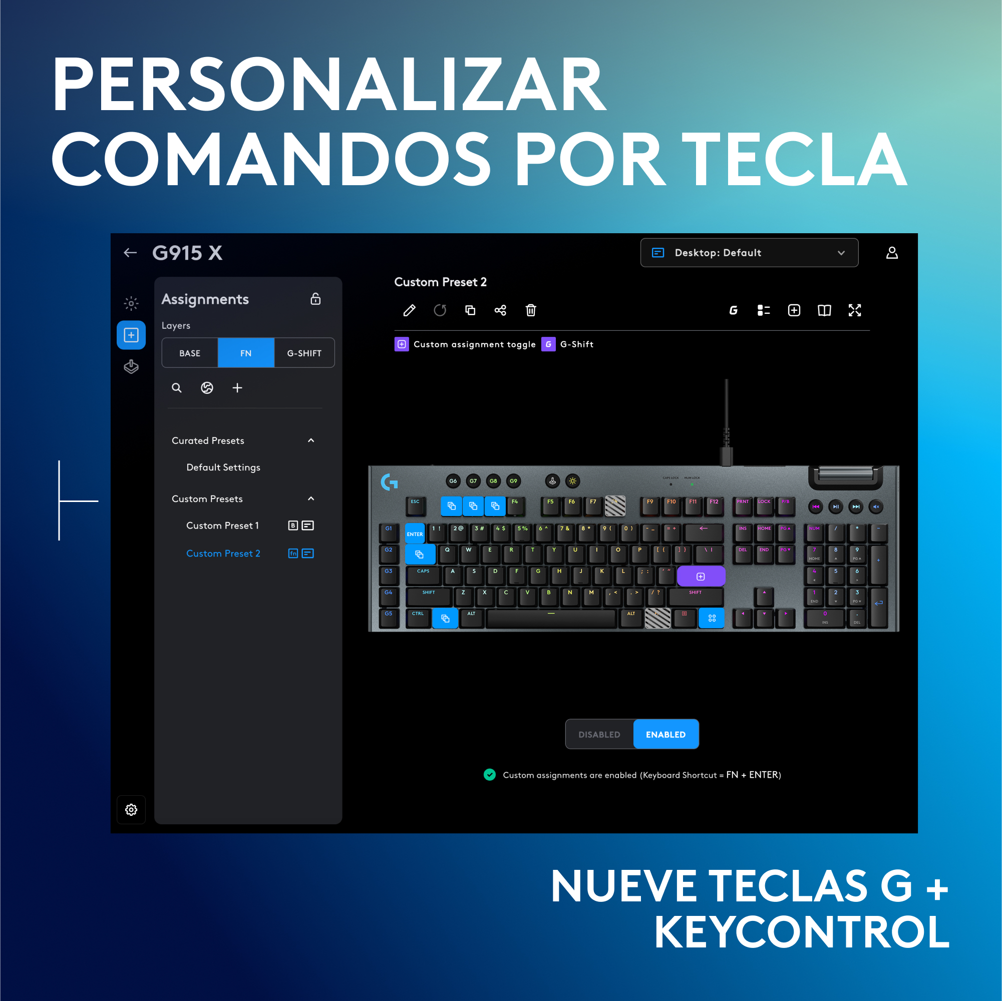 Teclado con interfaz de configuración personalizada en pantalla. Se muestran varias teclas.