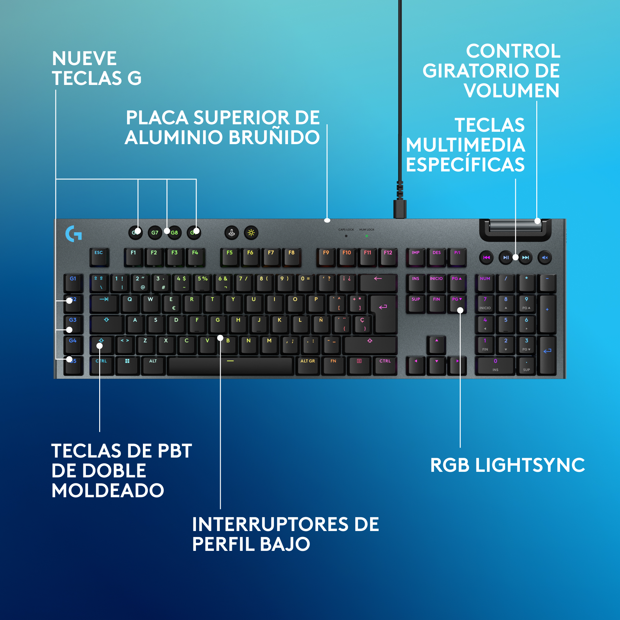 Un teclado gaming negro con teclas etiquetadas. Incluye control de volumen e iluminación RGB.
