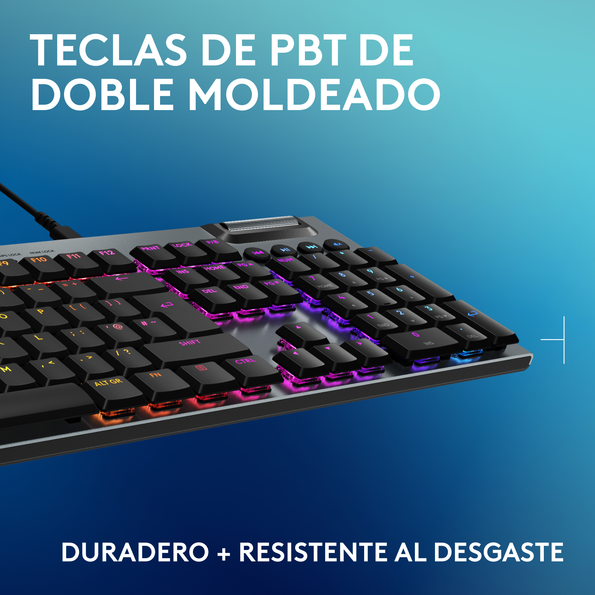 Primer plano de un teclado con teclas retroiluminadas, mostrando múltiples colores. Superposición de texto.