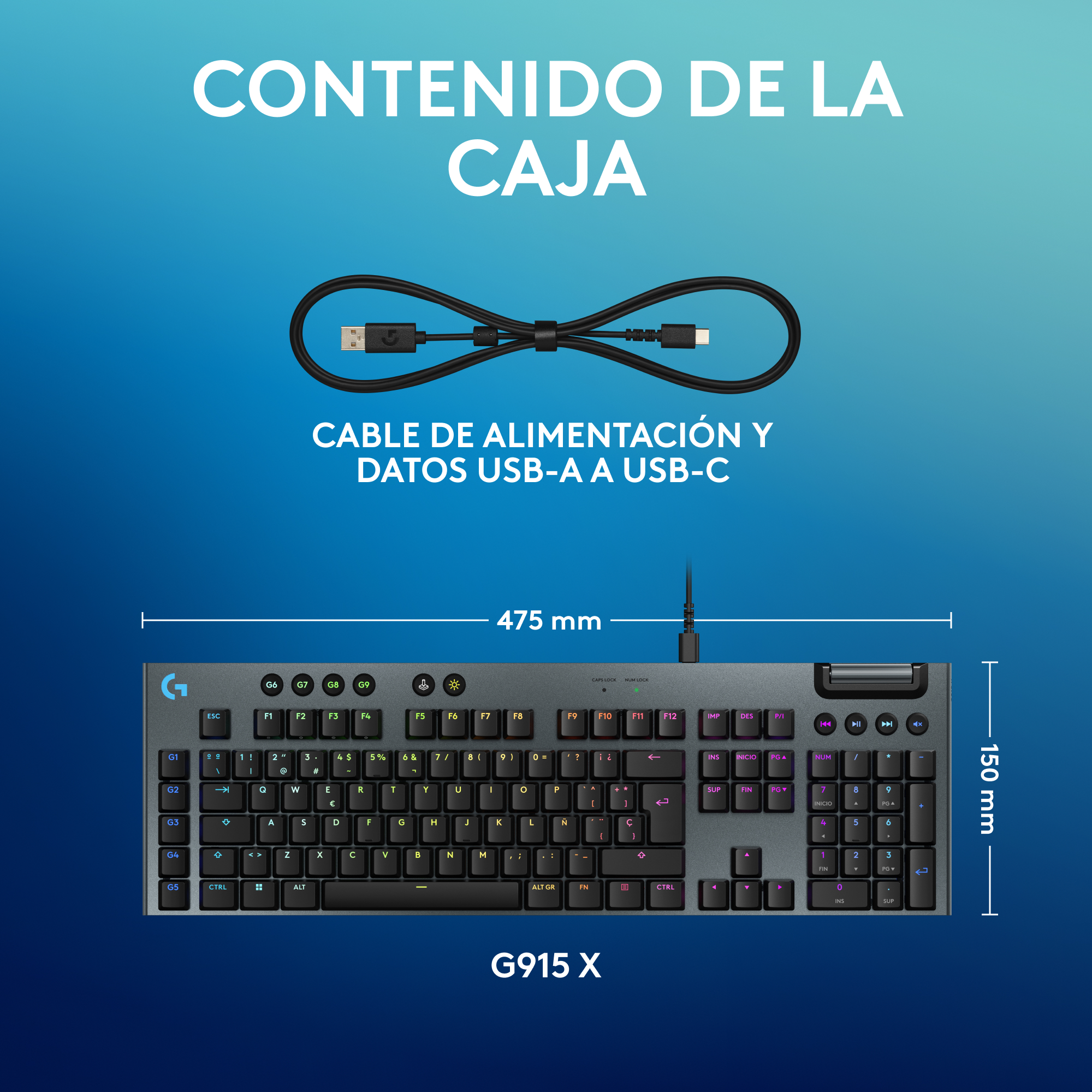 Teclado con cable USB-A a USB-C. Texto: Contenido De La Caja. Fondo blanco.