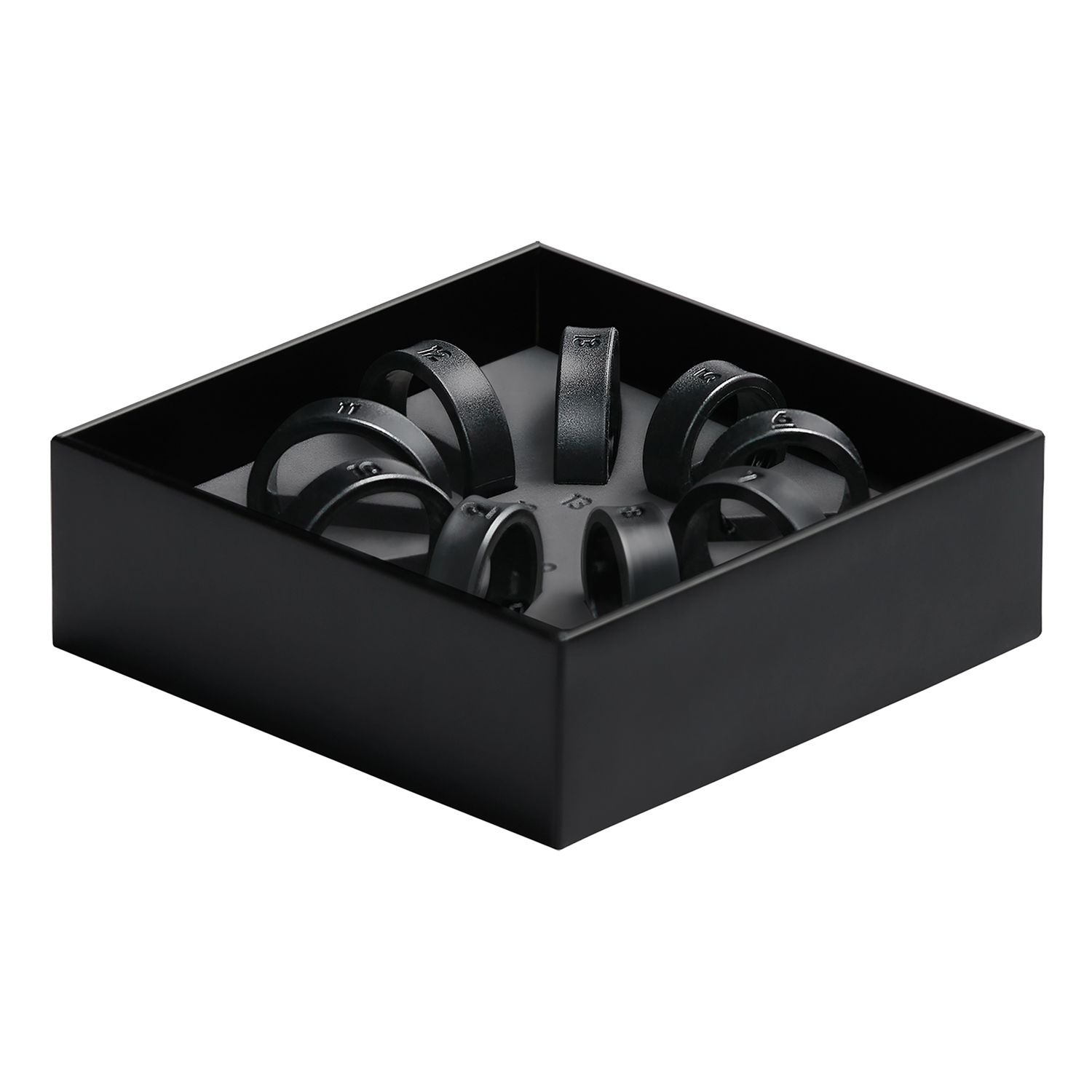 Una caja negra con anillos negros dentro. Los anillos tienen números.