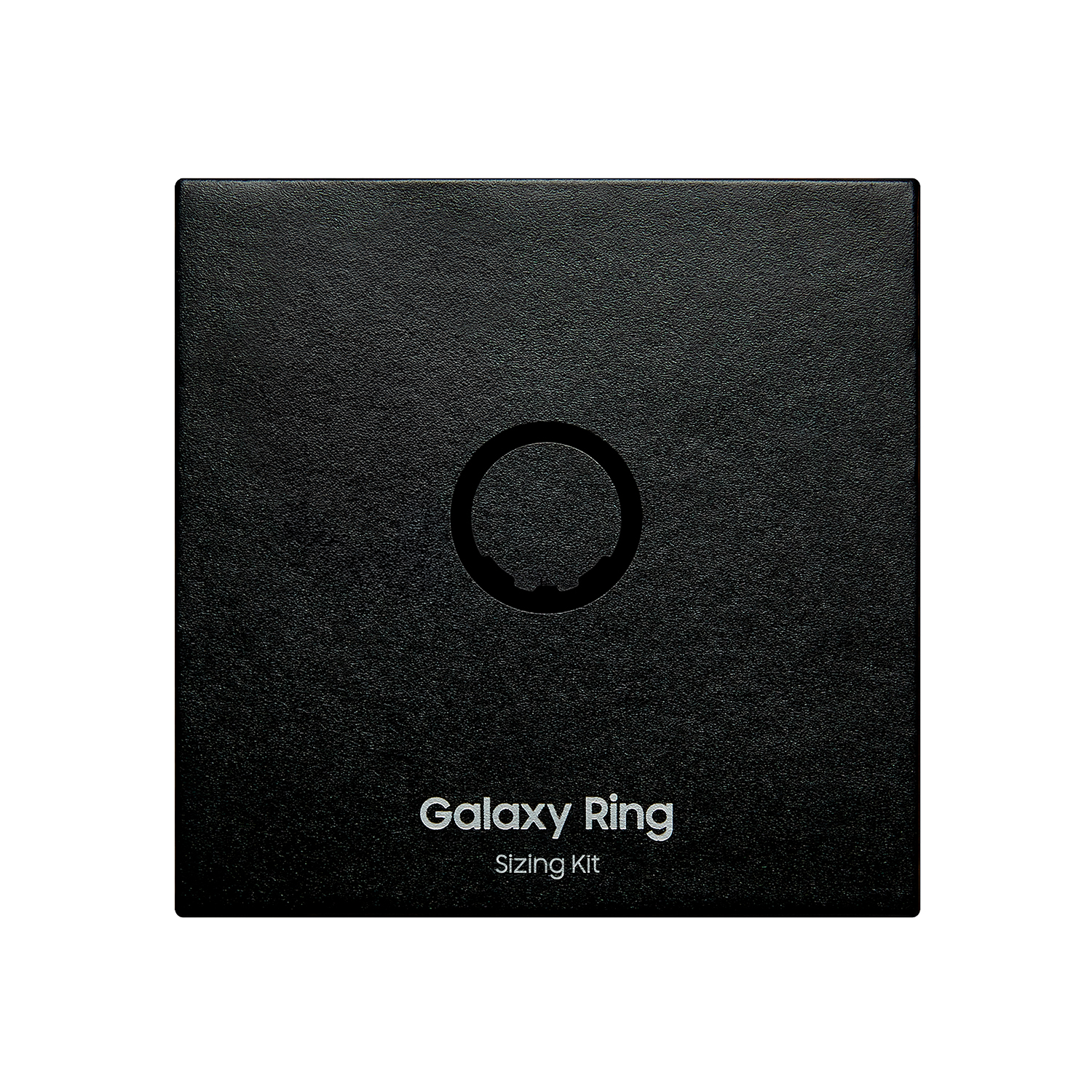 Una caja negra con una abertura circular, etiquetada 'Galaxy Ring Sizing Kit' sobre un fondo negro.