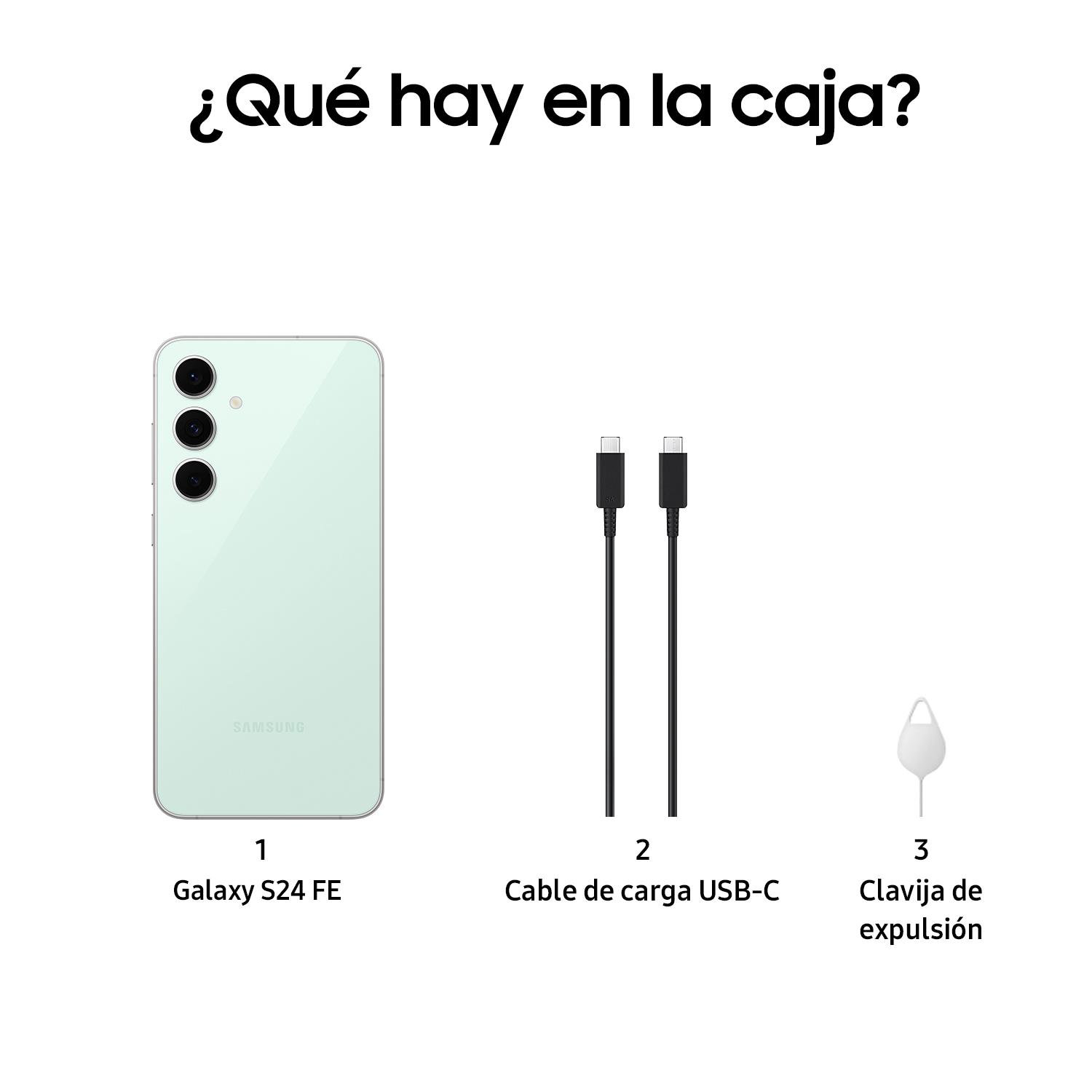 Un Samsung Galaxy S24 FE, un cable de carga USB-C y un pin de expulsión.