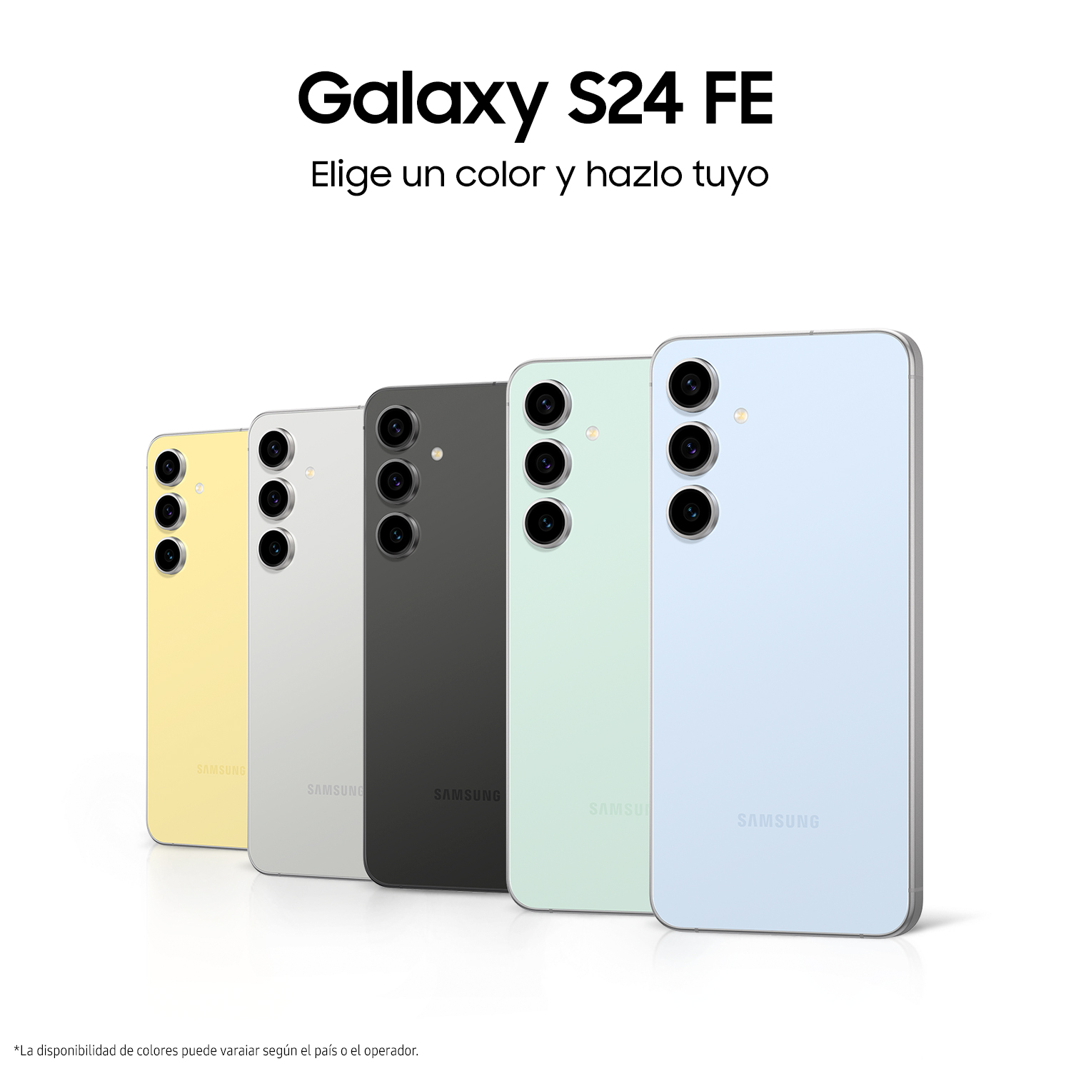 Cinco teléfonos de diferentes colores están de pie en fila. Texto arriba.