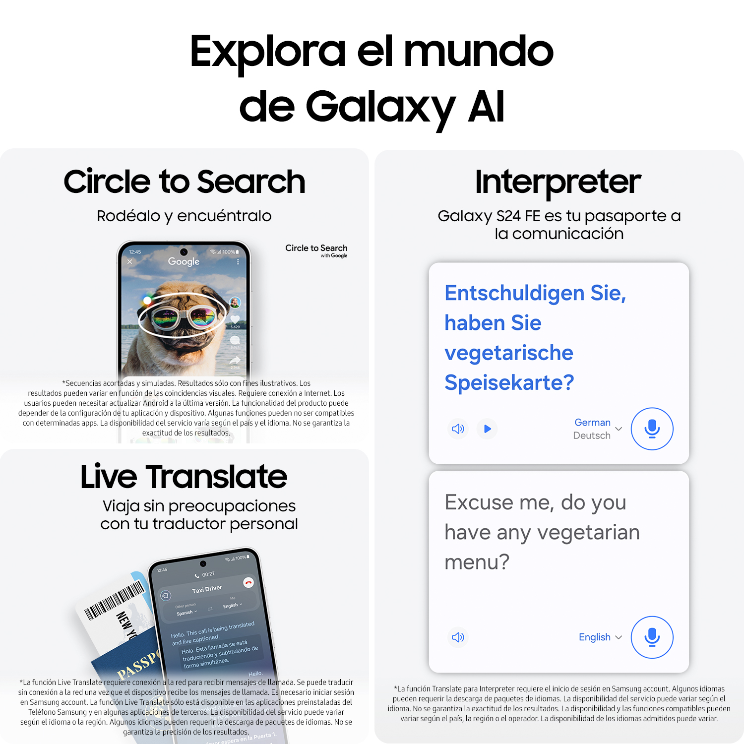 Pantallas mostrando las funciones Circle to Search, Interpreter y Live Translate de Galaxy AI.