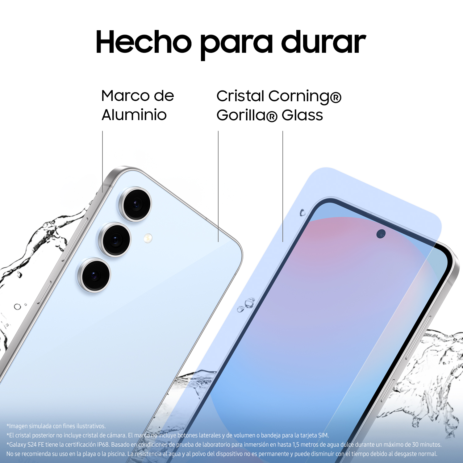 Primer plano de un teléfono azul claro con triple cámara, mostrando marco y pantalla.