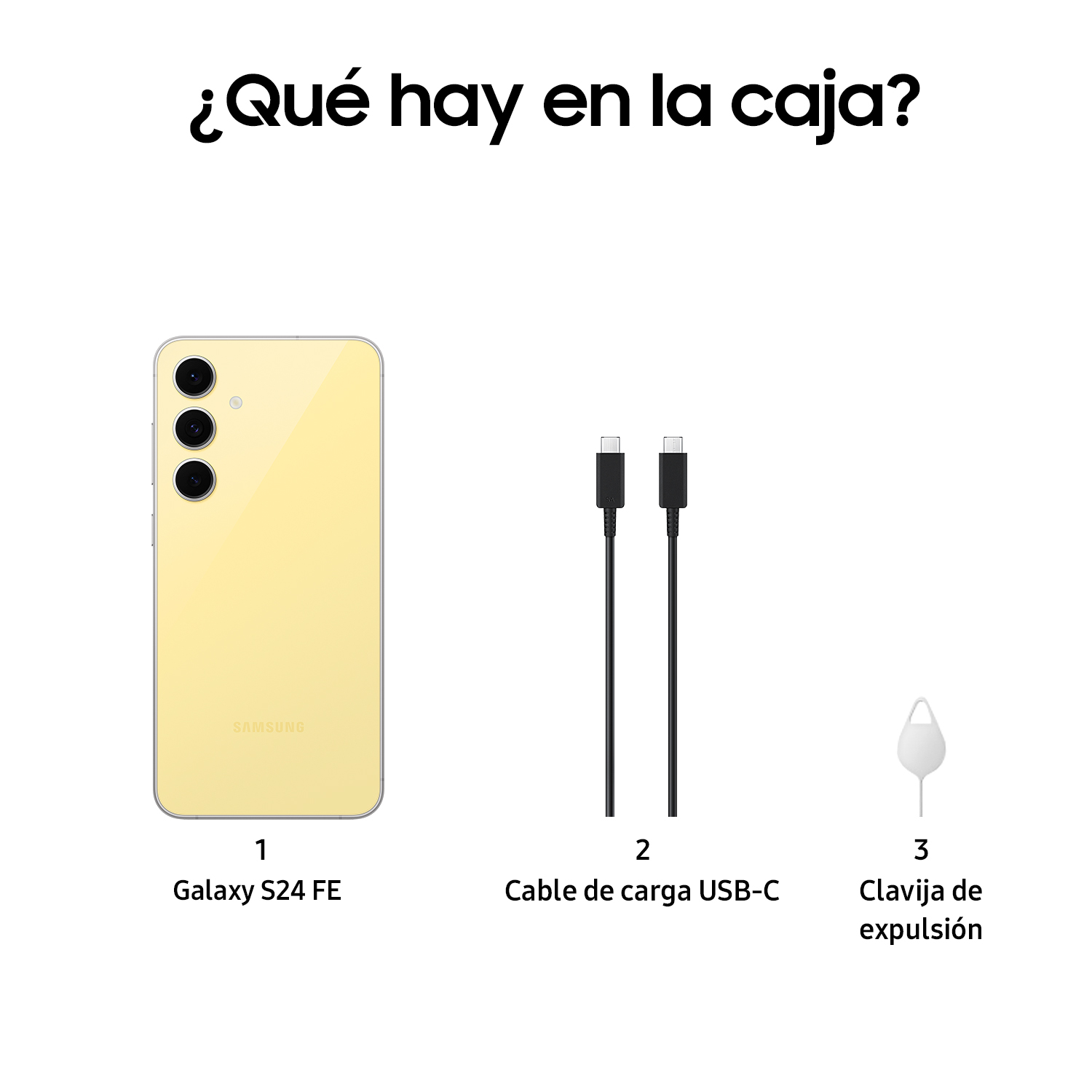 Teléfono Samsung S24 FE amarillo, cable USB-C y herramienta de expulsión de SIM sobre fondo blanco.