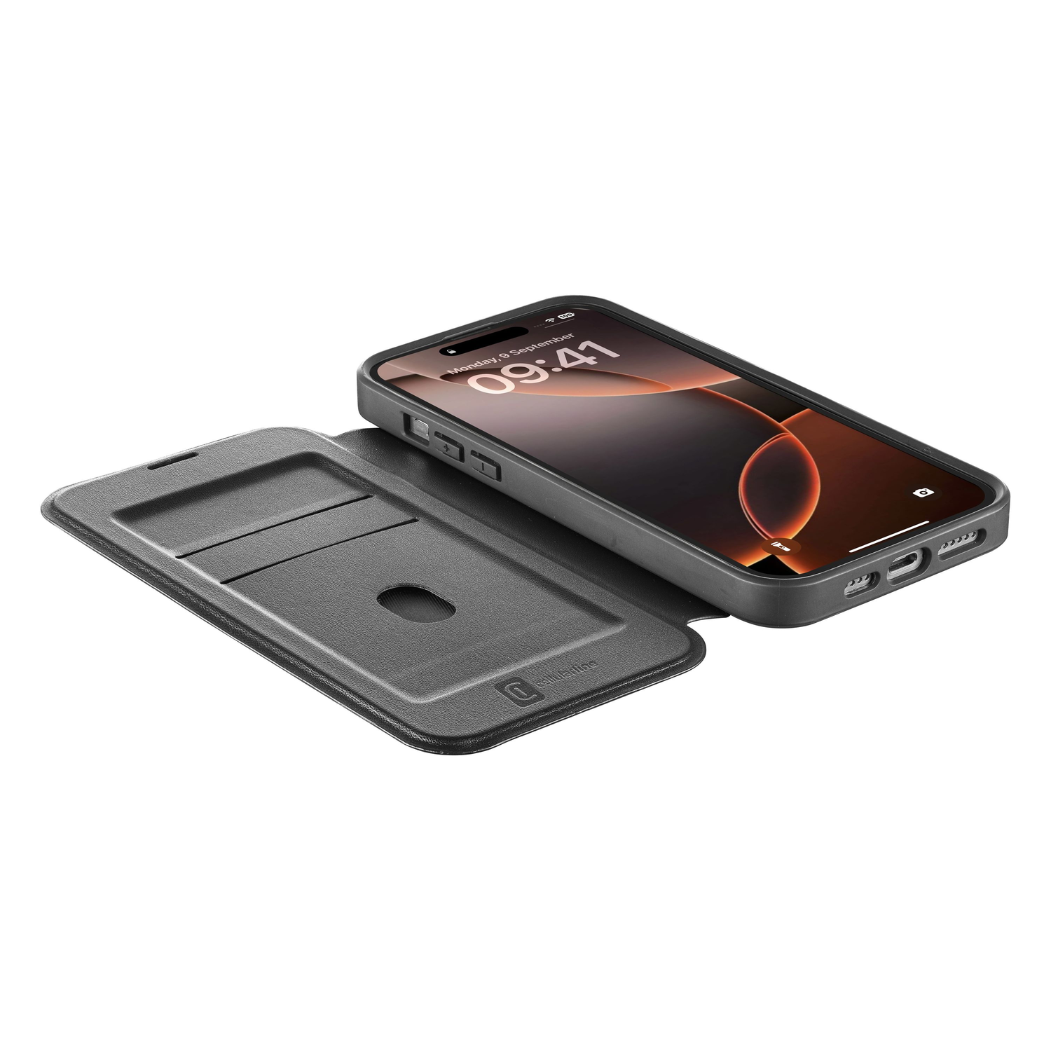 A black phone with a case, the case open showing slots, and a phone is behind it.