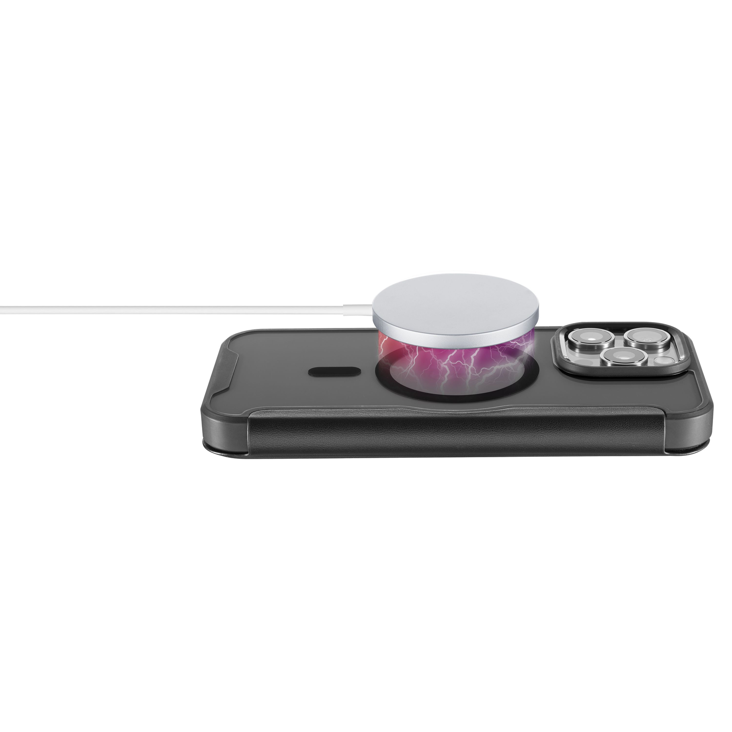 Wireless charger with a phone and charging pad. A circular charging area shows pink lighting.