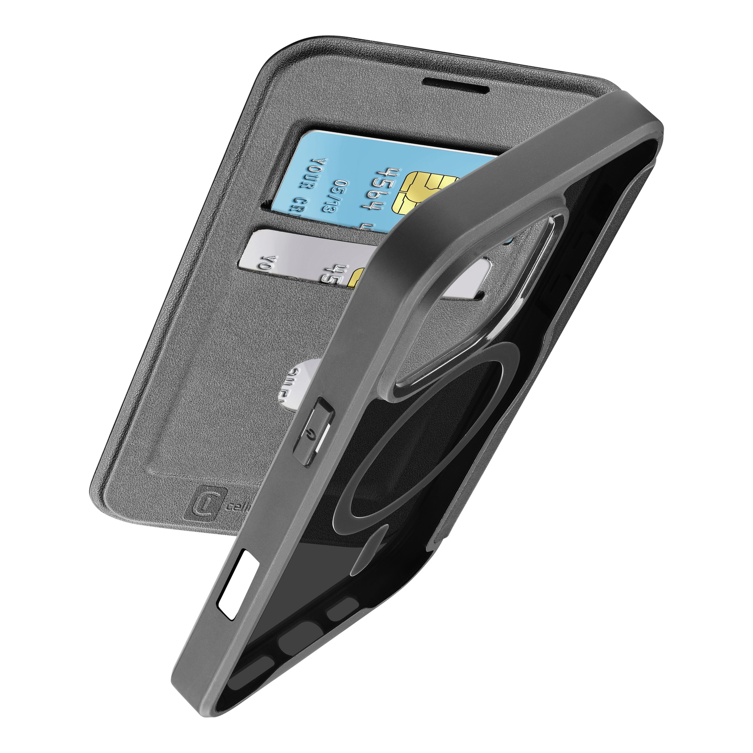Phone case with credit cards inside. The case is open.