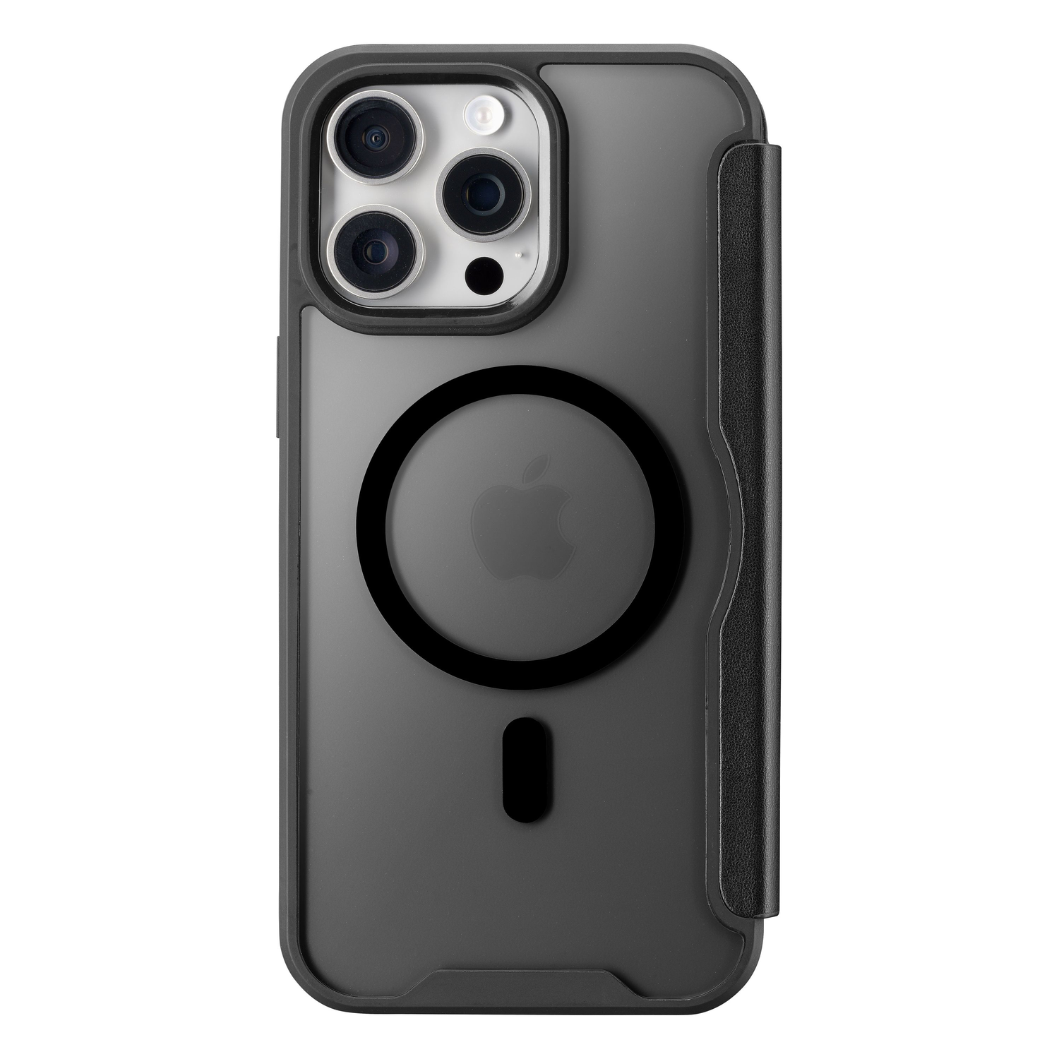 Black iPhone case with camera lenses, Apple logo, and a card holder. Gray and black color scheme.