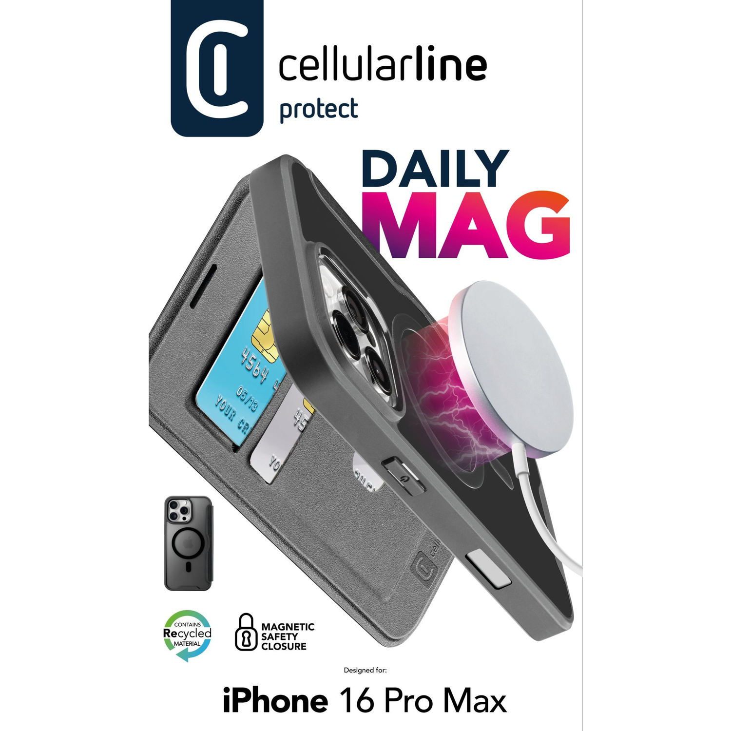 A phone case, gray with a card, and a white charging station.