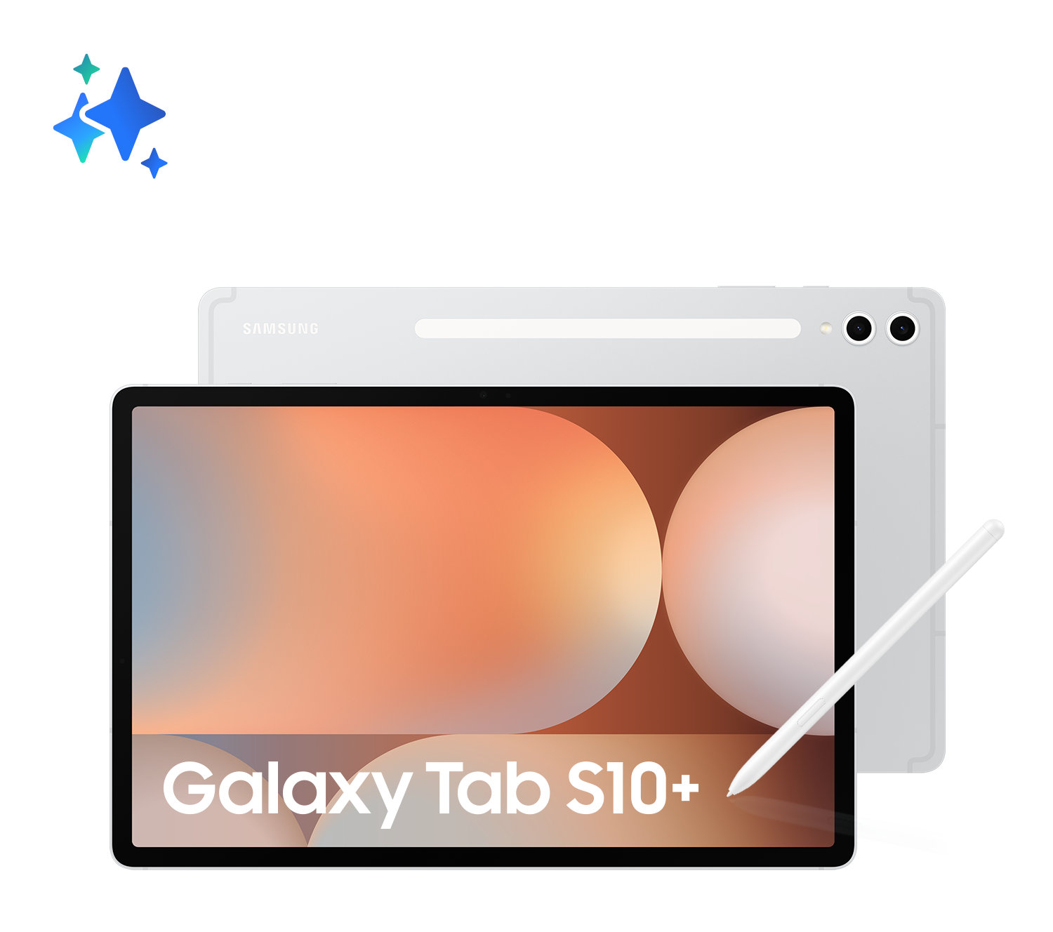 Tablet Samsung Galaxy Tab S10+. Biały, z tabletem i rysikiem. Wyświetlacz pomarańczowy.