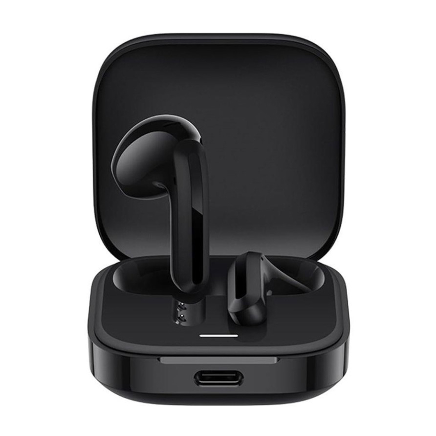 Auricolari wireless neri in custodia di ricarica aperta. Un auricolare è fuori dalla custodia.