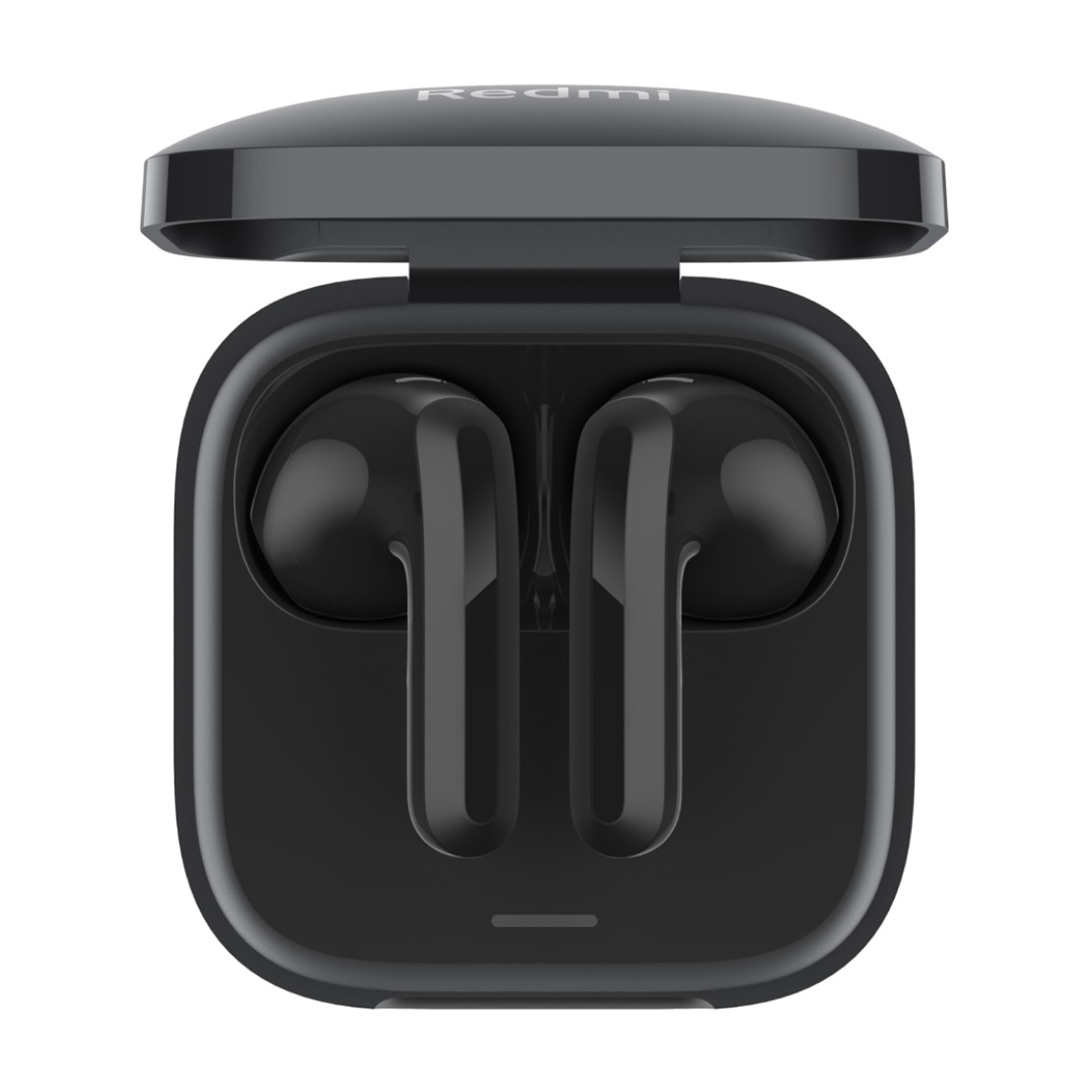Auricolari neri in custodia di ricarica, coperchio aperto. 'Redmi' sul coperchio.