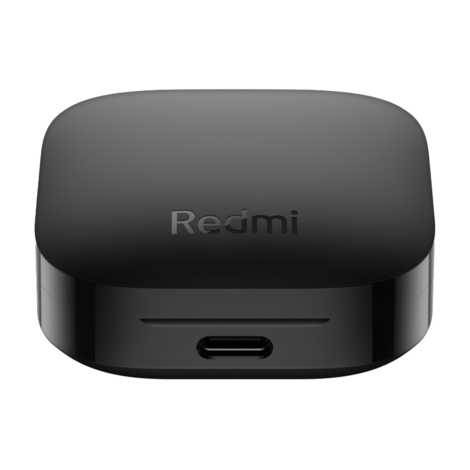 Custodia di ricarica per auricolari Redmi nera, un piccolo dispositivo quadrato con porta USB-C.