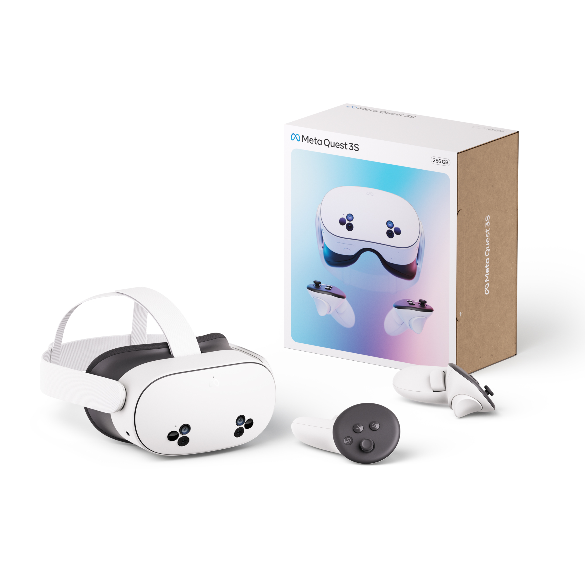 Meta Quest 3S VR headset, controllers, and box on white background. A VR setup.