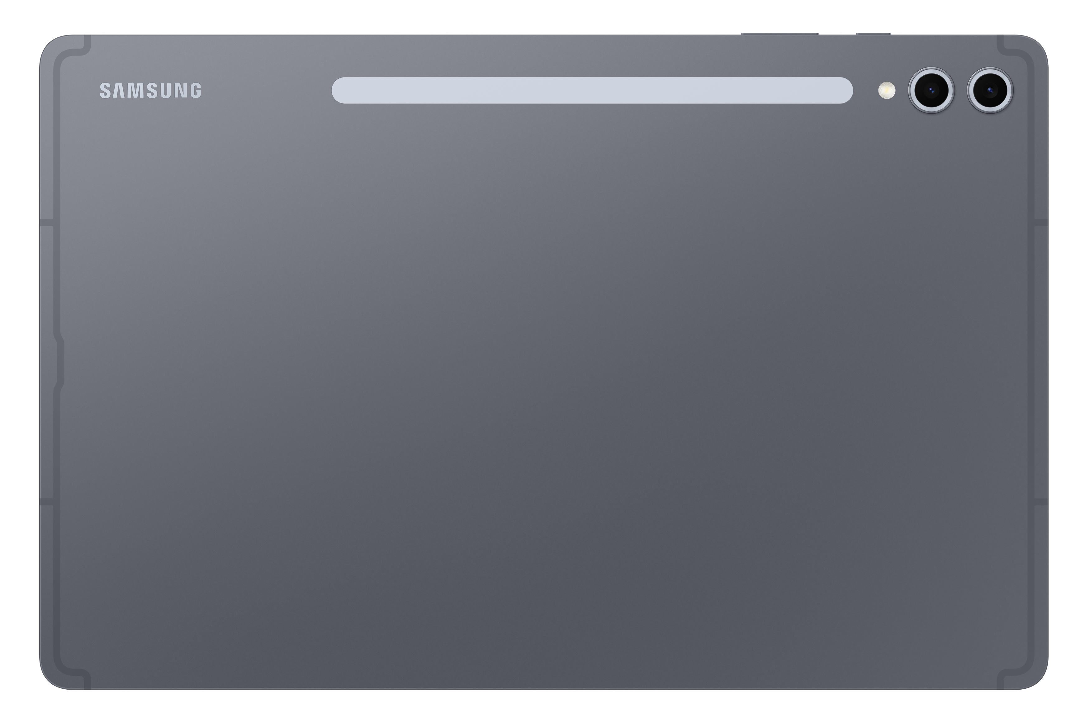 Widok z tyłu szarego tabletu. Widoczne logo Samsung. U góry znajduje się konfiguracja podwójnego aparatu i pasek świetlny.
