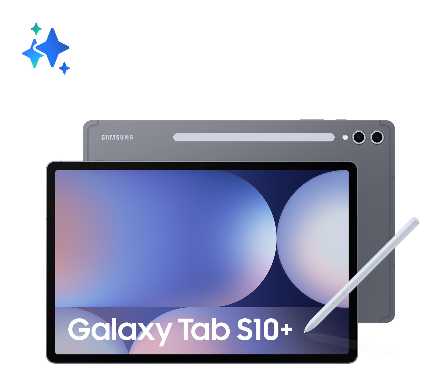 Dwa tablety Samsung Galaxy Tab S10+, jeden z przodu z piórem, drugi z tyłu.