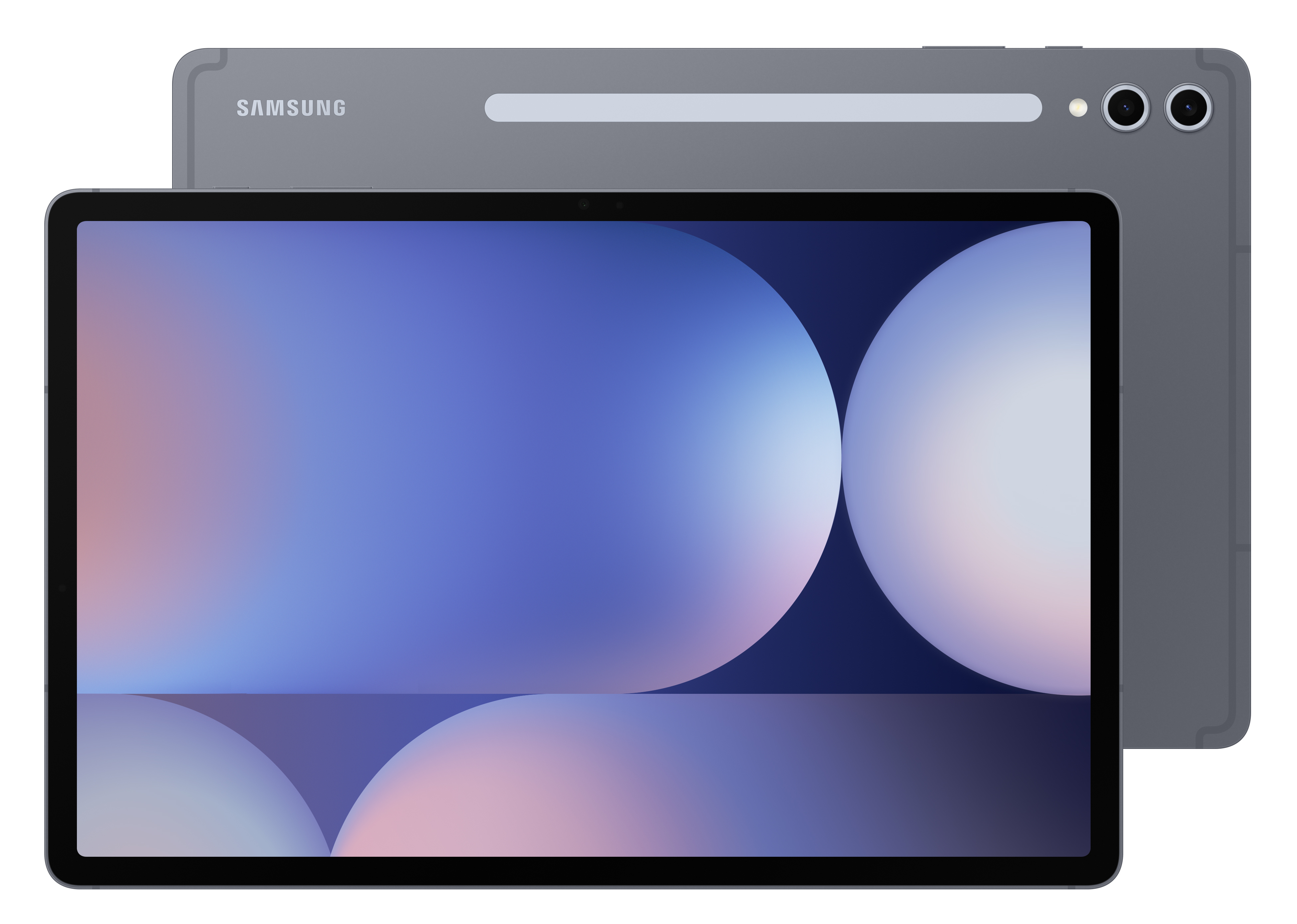 Dwa tablety, przód i tył. Szary kolor, logo Samsung z tyłu, kolorowy ekran.