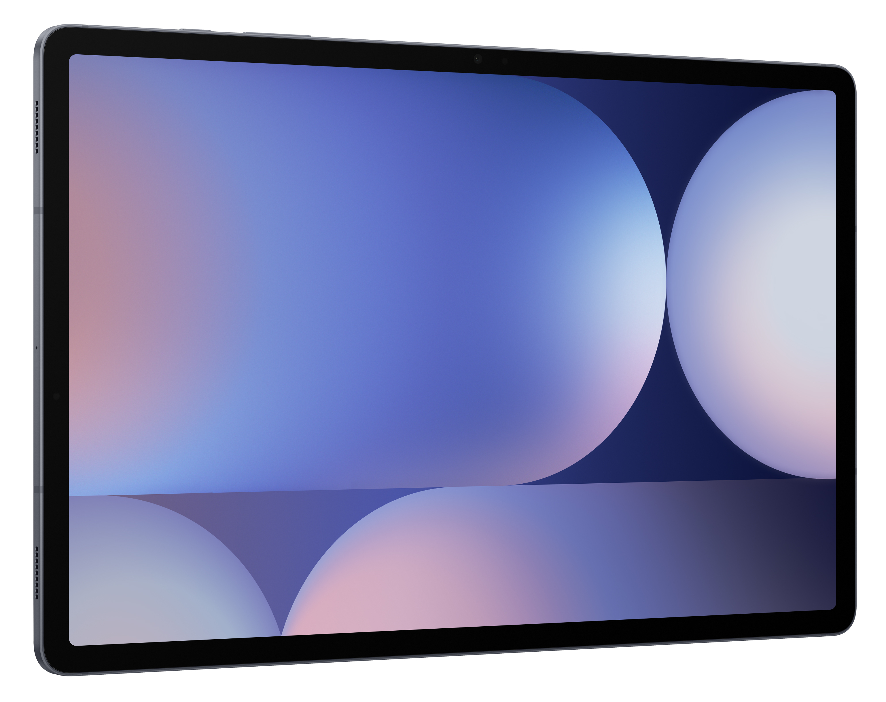 Tablet z niebiesko-białym gradientem ekranu na neutralnym tle.