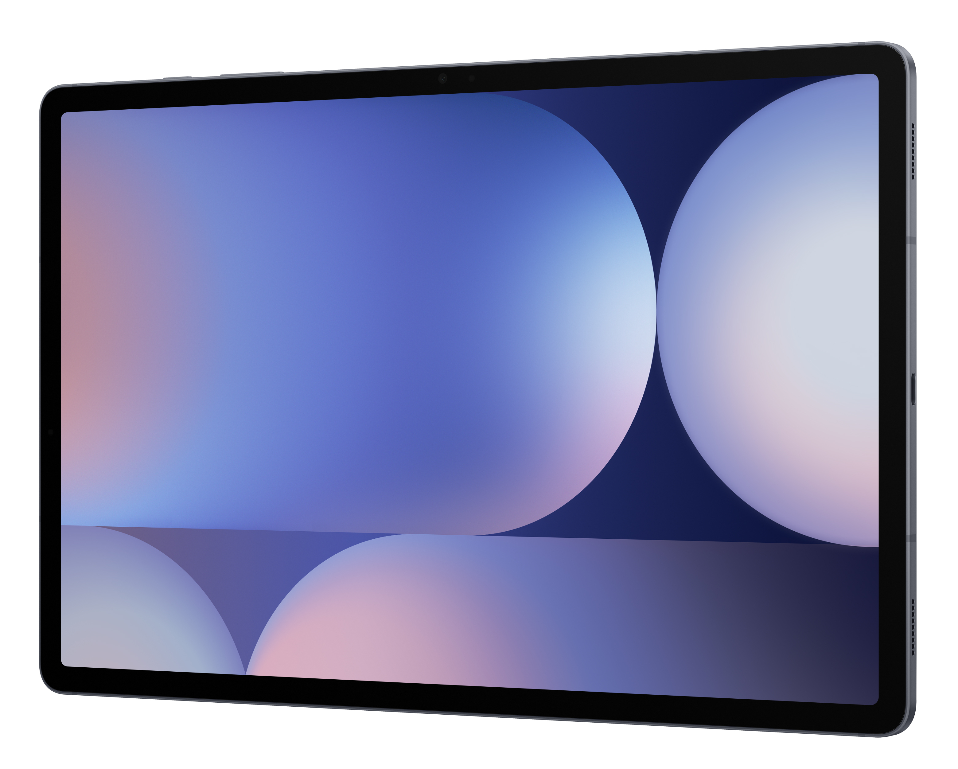Tablet z dużym ekranem, niebieskie tło z białymi kołami.