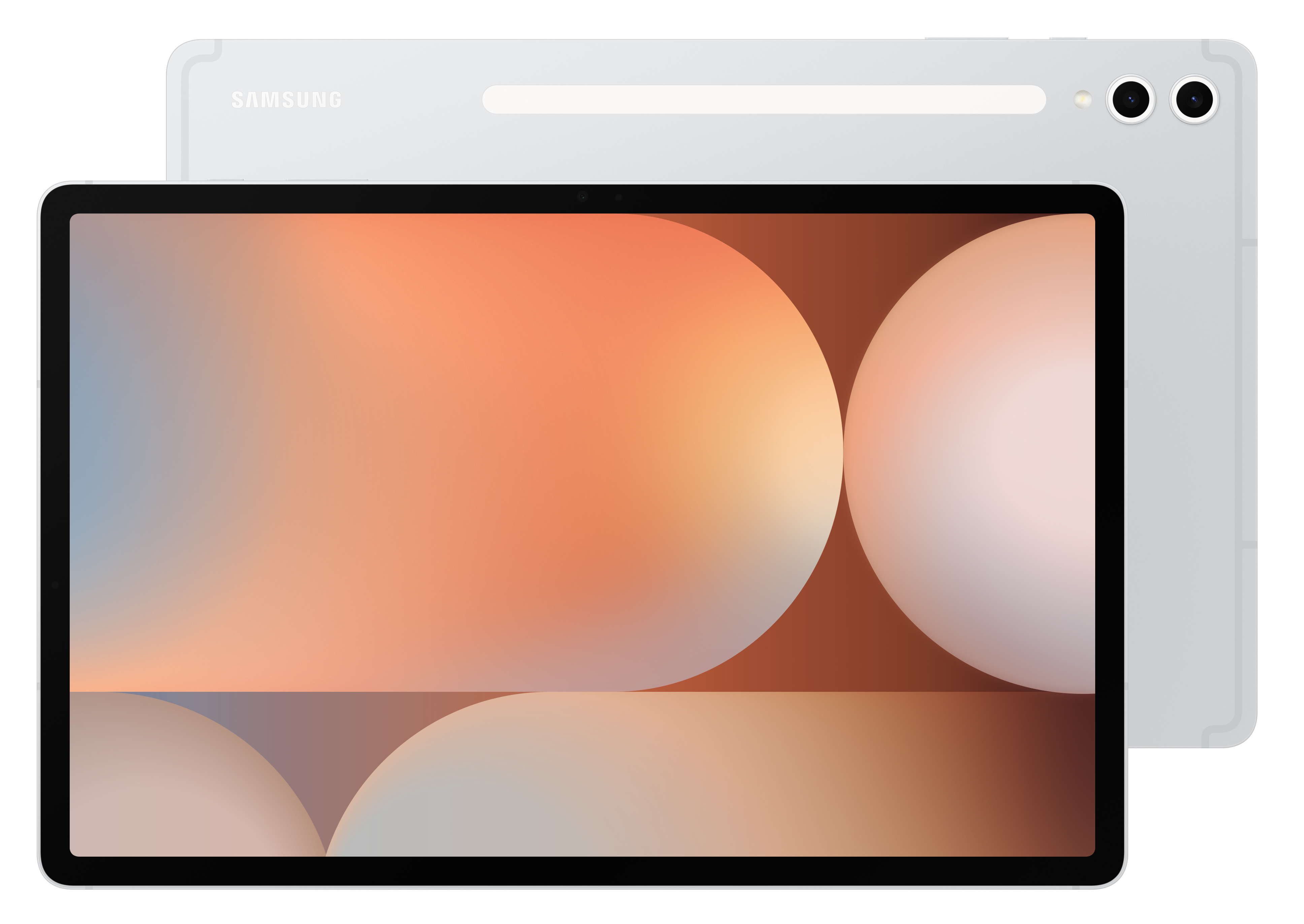 Dwa tablety, jeden z przodu, drugi z tyłu. Przedni wyświetla abstrakcyjny, kolorowy wzór.