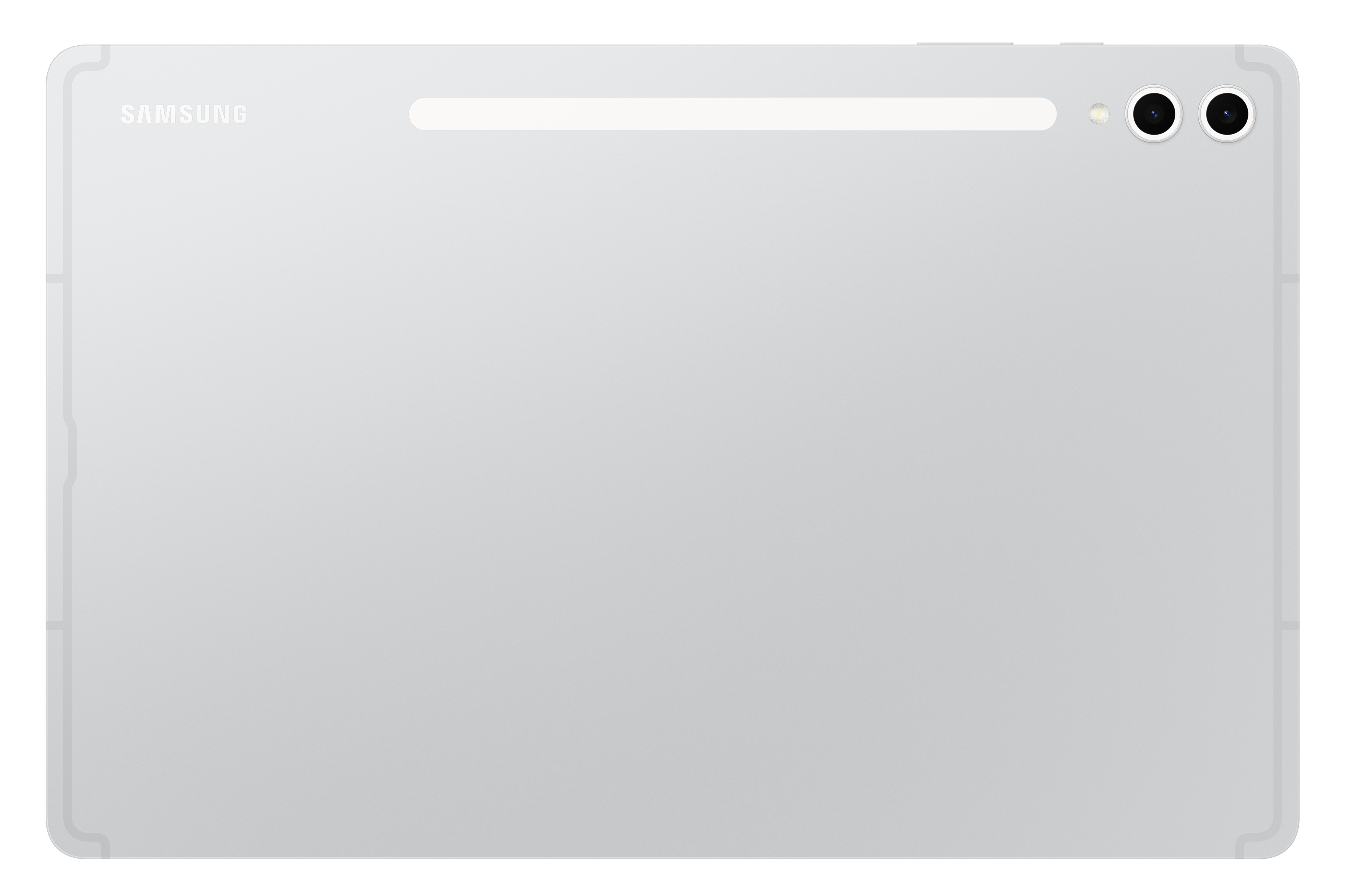 Tył srebrnego tabletu z logo Samsung. Dwie kamery i jasny pasek na górze.