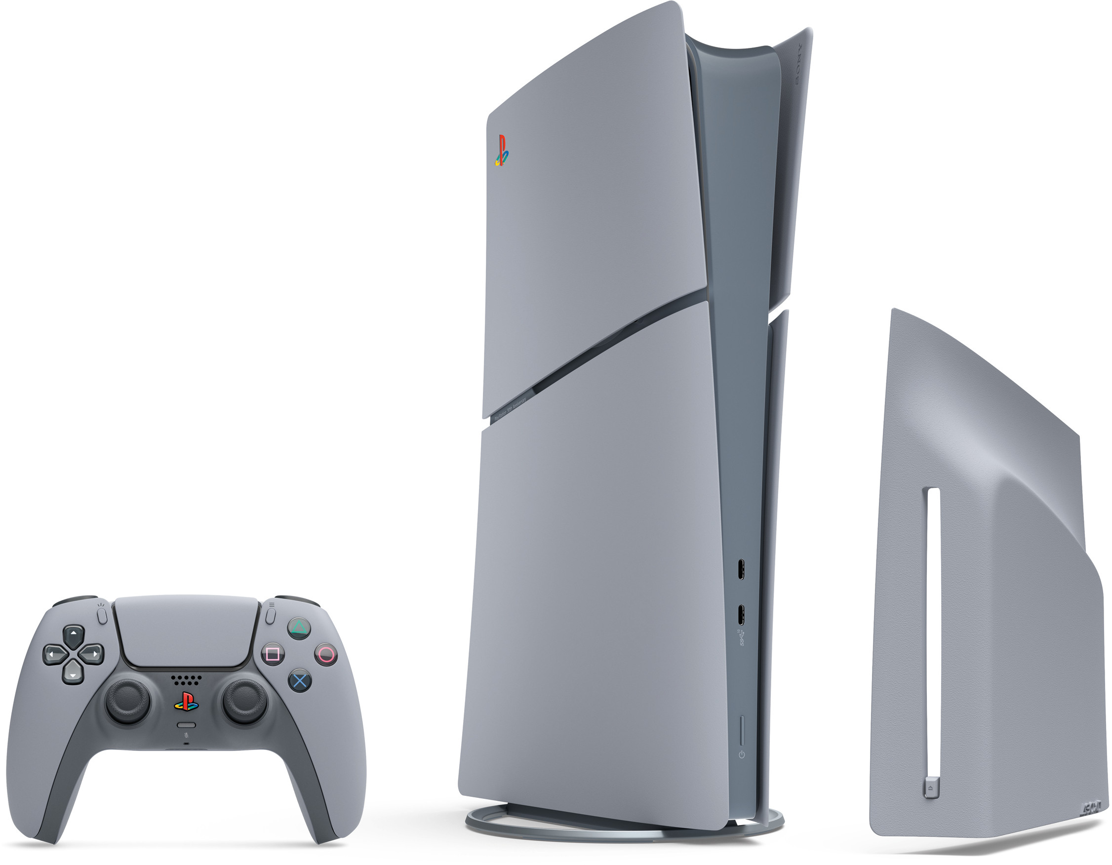 Szara konsola PlayStation 5, kontroler i panel boczny na białym tle.
