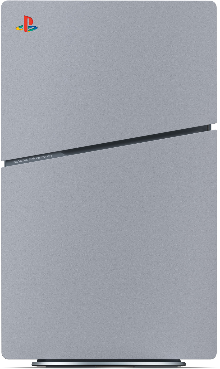 Szara konsola Playstation z logo w lewym górnym rogu i tekstem 'PlayStation 30th Anniversary' pośrodku.