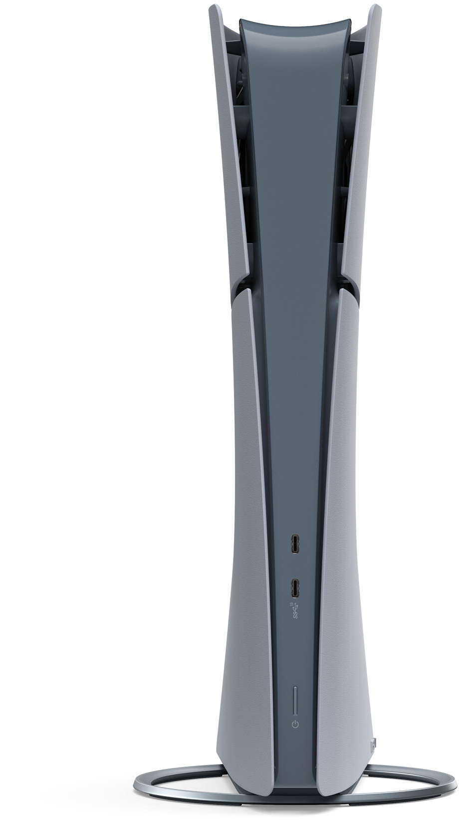 Konsola PlayStation 5, pionowa, z białym i szarym designem. Ma ciemny panel centralny i porty. Stoi na metalowej podstawie.