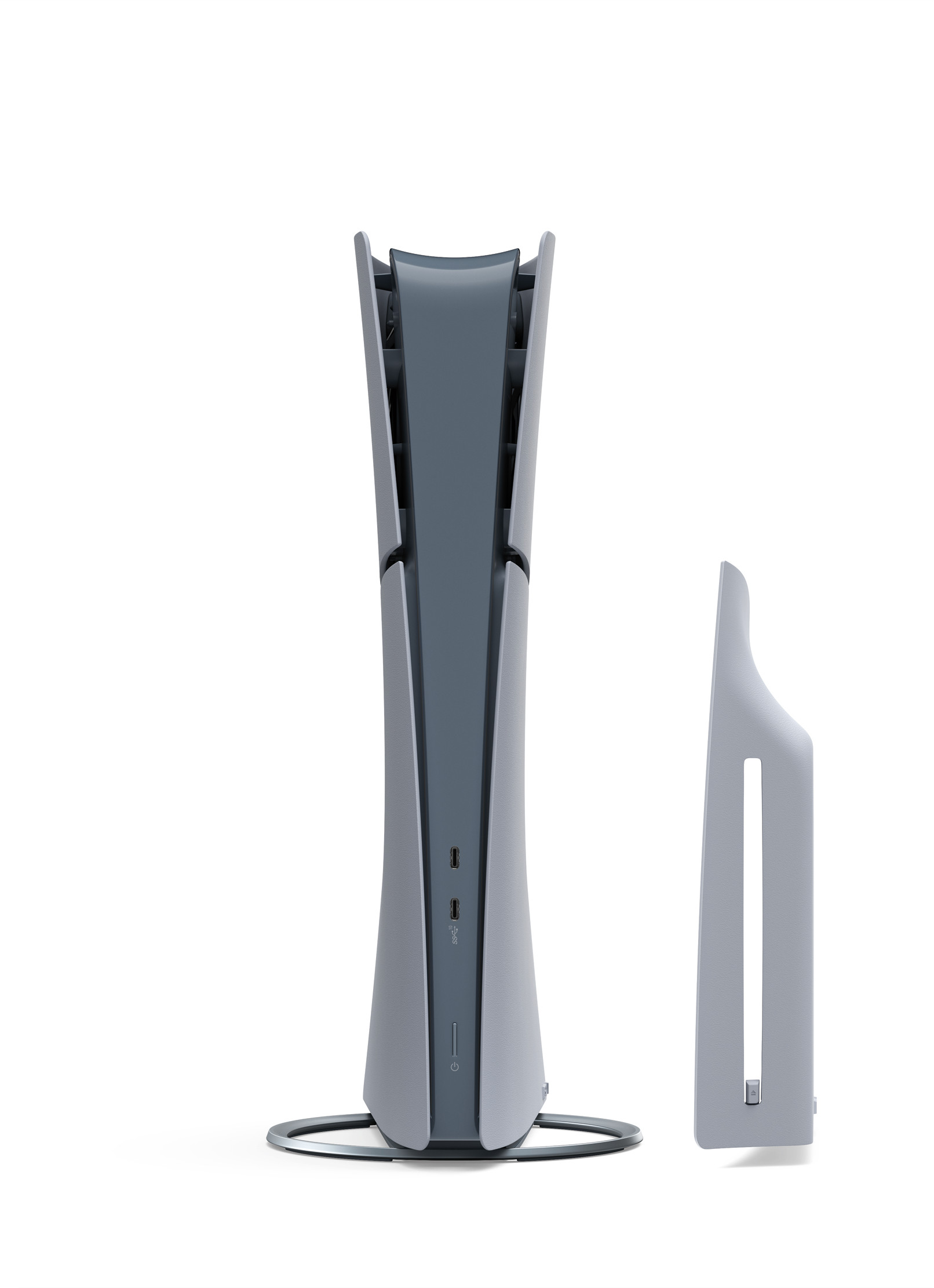 Konsola PlayStation 5 w kolorze szarym i czarnym z pasującą podstawką. Konsola jest pionowa.