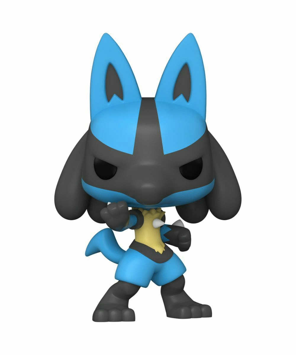 Figurka Funko Pop Pokémona Lucario z niebiesko-czarnym designem, w pozycji bojowej.
